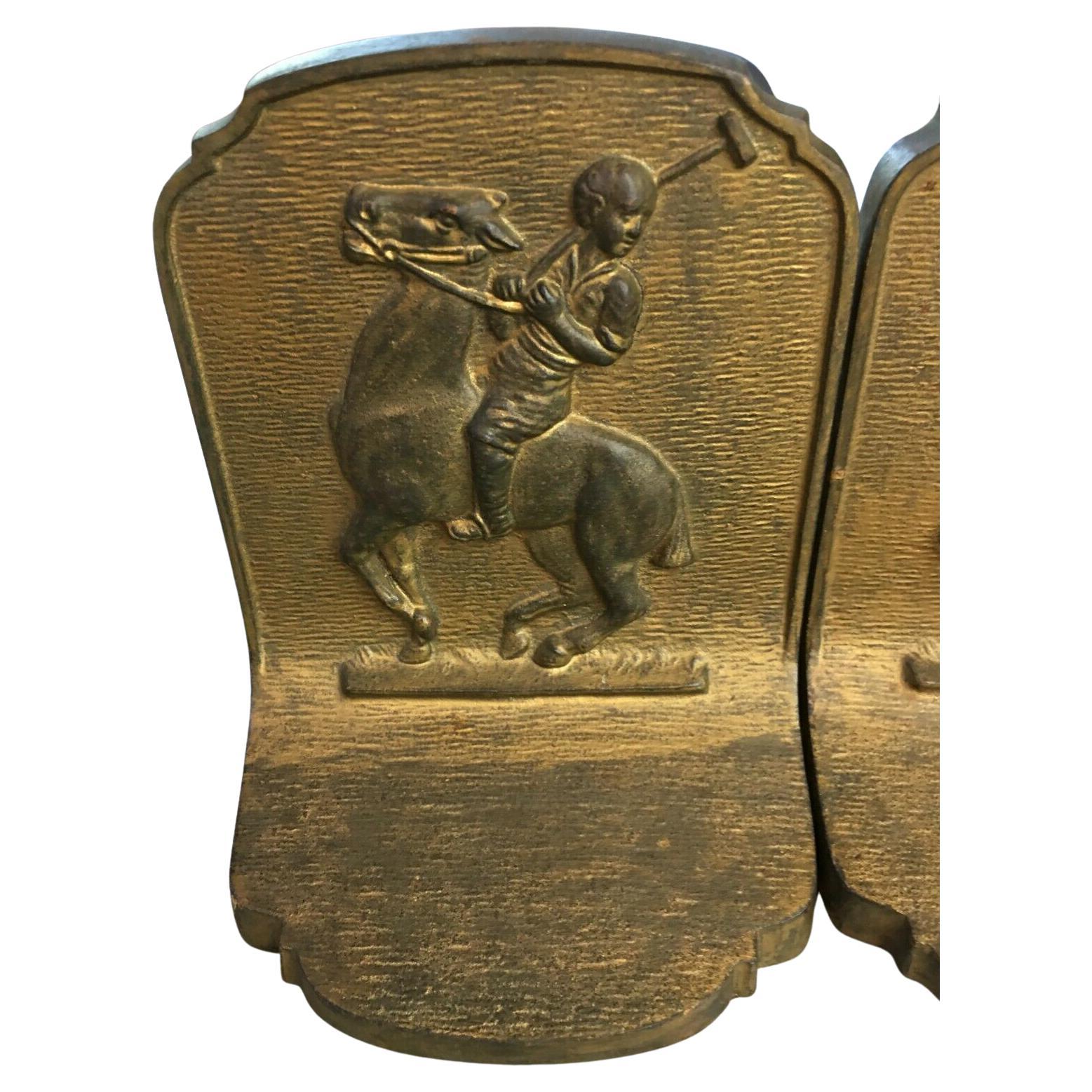 American Fine/Detailed Gilded Antique B&H Cast Polo Players on Horseback Antique Bookends For Sale