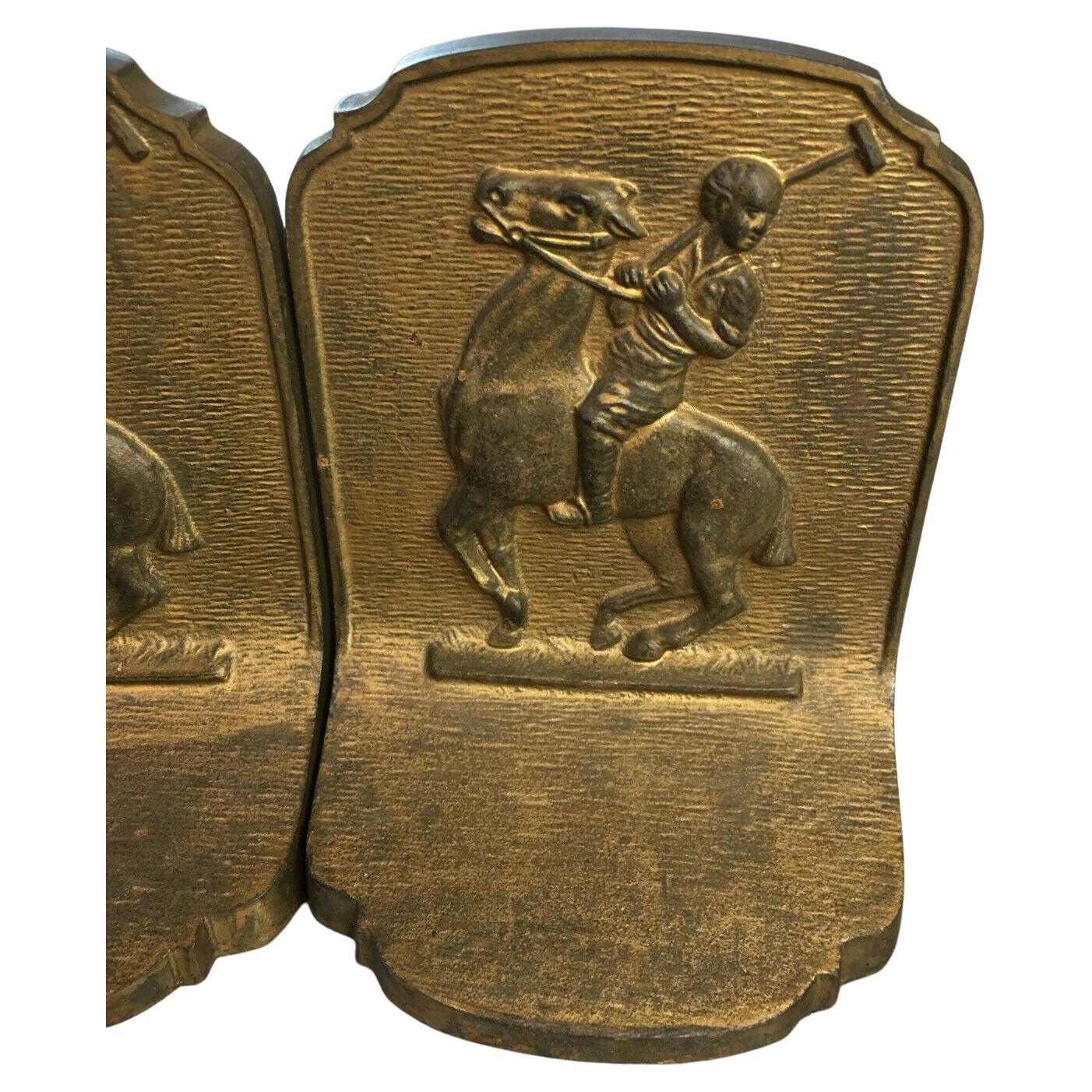Fine/Detailed Gilded Antique B&H Cast Polo Players on Horseback Antique Bookends In Good Condition For Sale In Brunswick, ME