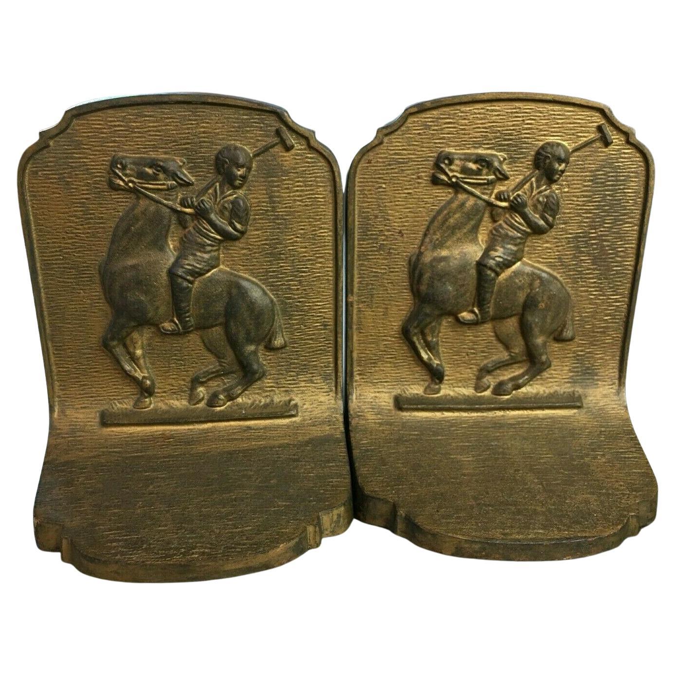 Iron Fine/Detailed Gilded Antique B&H Cast Polo Players on Horseback Antique Bookends For Sale