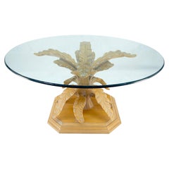 Fine Details Carved Tree Leaves Solid Wood Base  60"  Glass Top Dining Table
