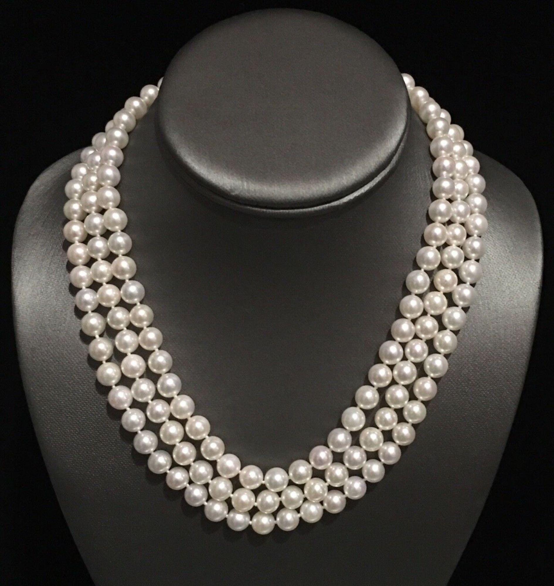 Fine Diamond Akoya Pearl 14 Karat 3-Strand Necklace Certified 4