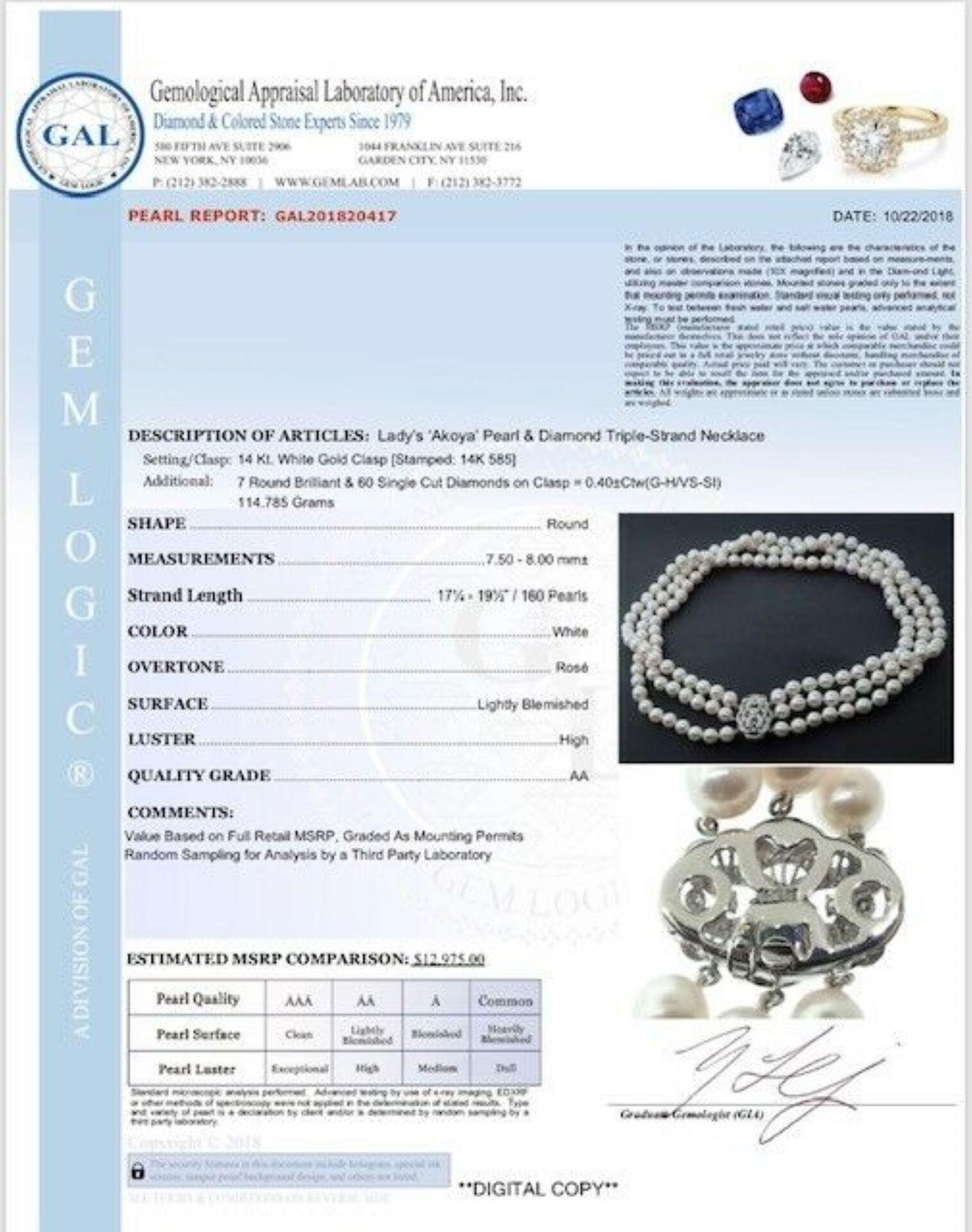 Fine Diamond Akoya Pearl 14 Karat 3-Strand Necklace Certified 5