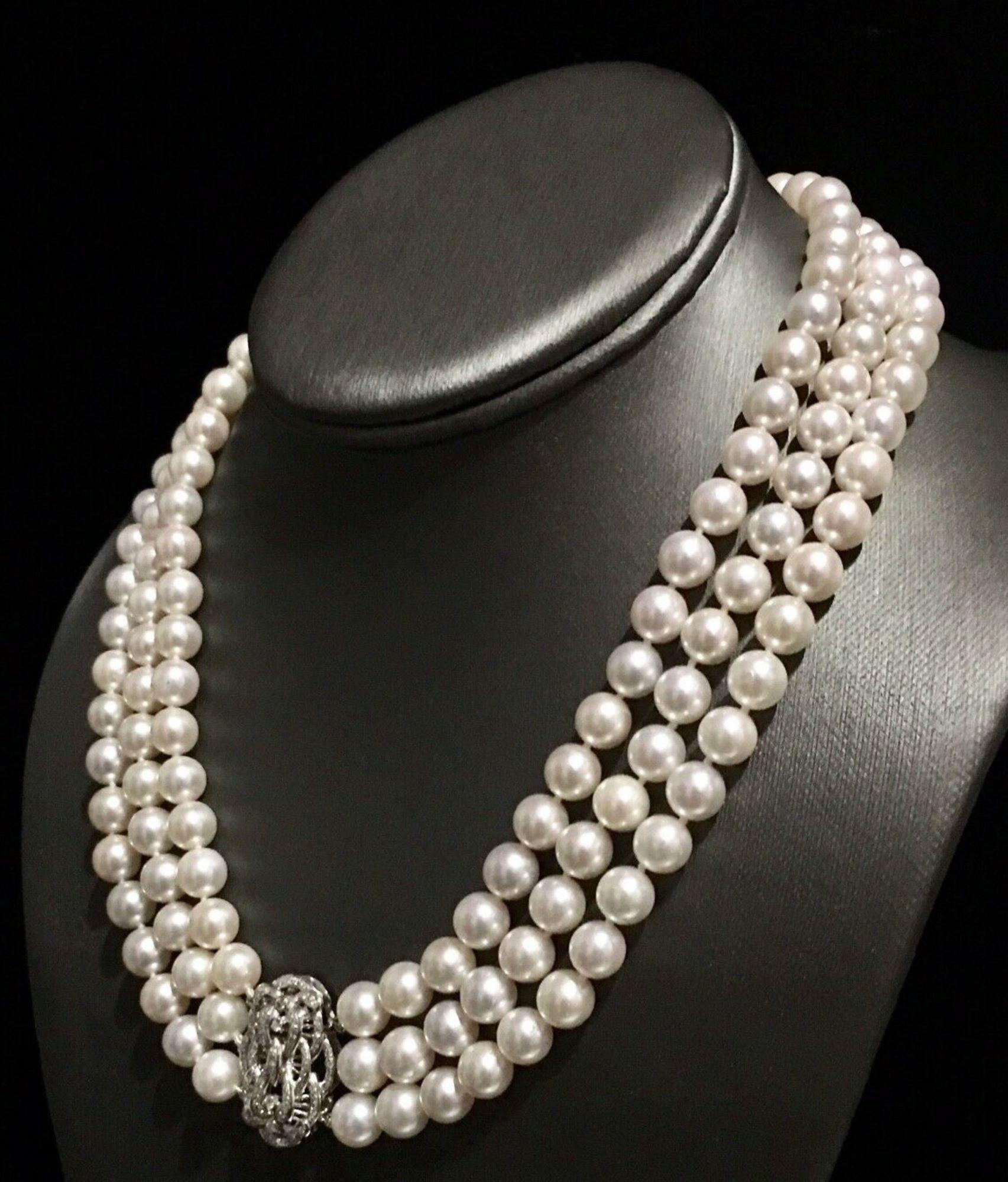 Modern Fine Diamond Akoya Pearl 14 Karat 3-Strand Necklace Certified