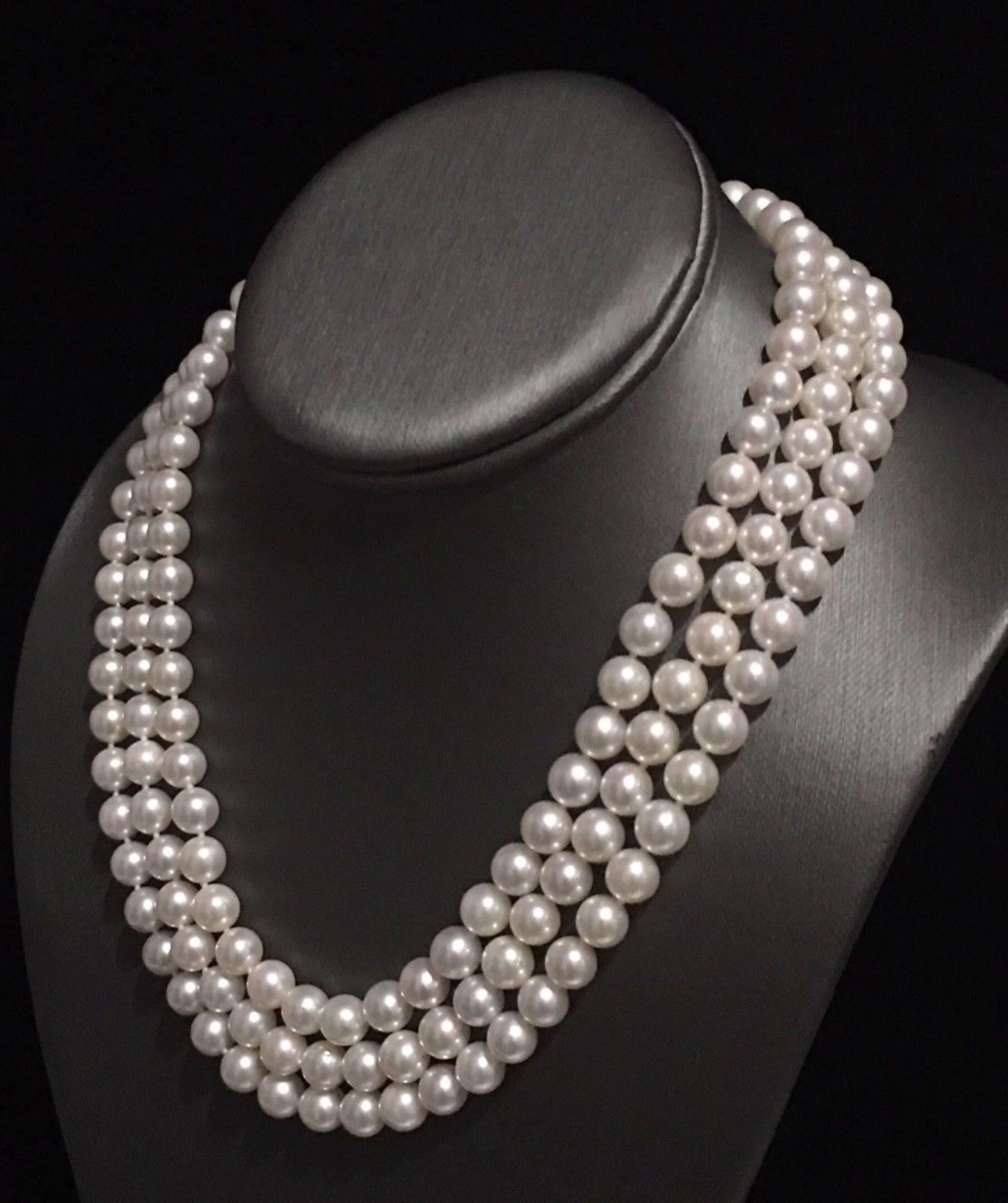 Round Cut Fine Diamond Akoya Pearl 14 Karat 3-Strand Necklace Certified