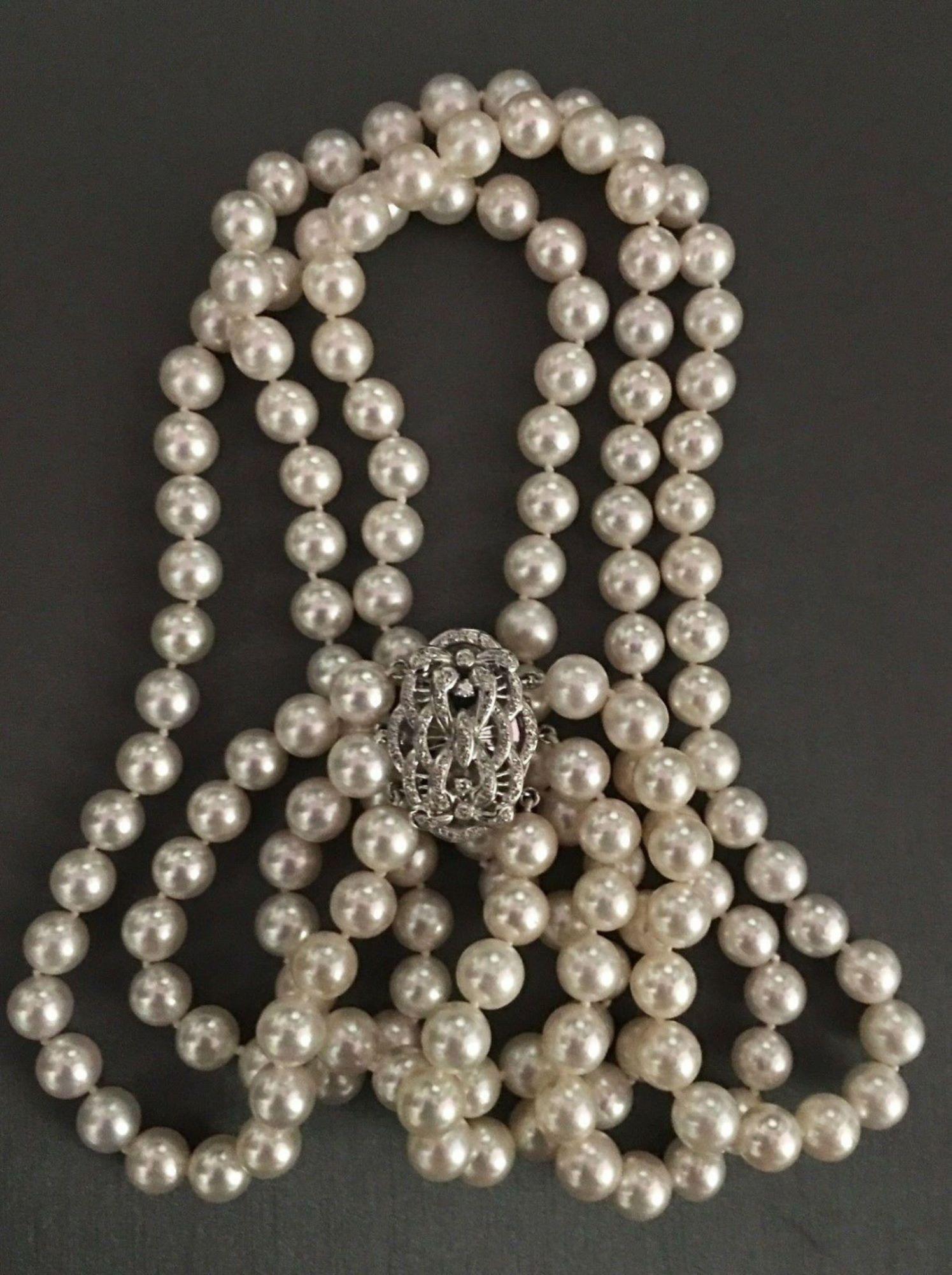 Fine Diamond Akoya Pearl 14 Karat 3-Strand Necklace Certified In New Condition In Brooklyn, NY