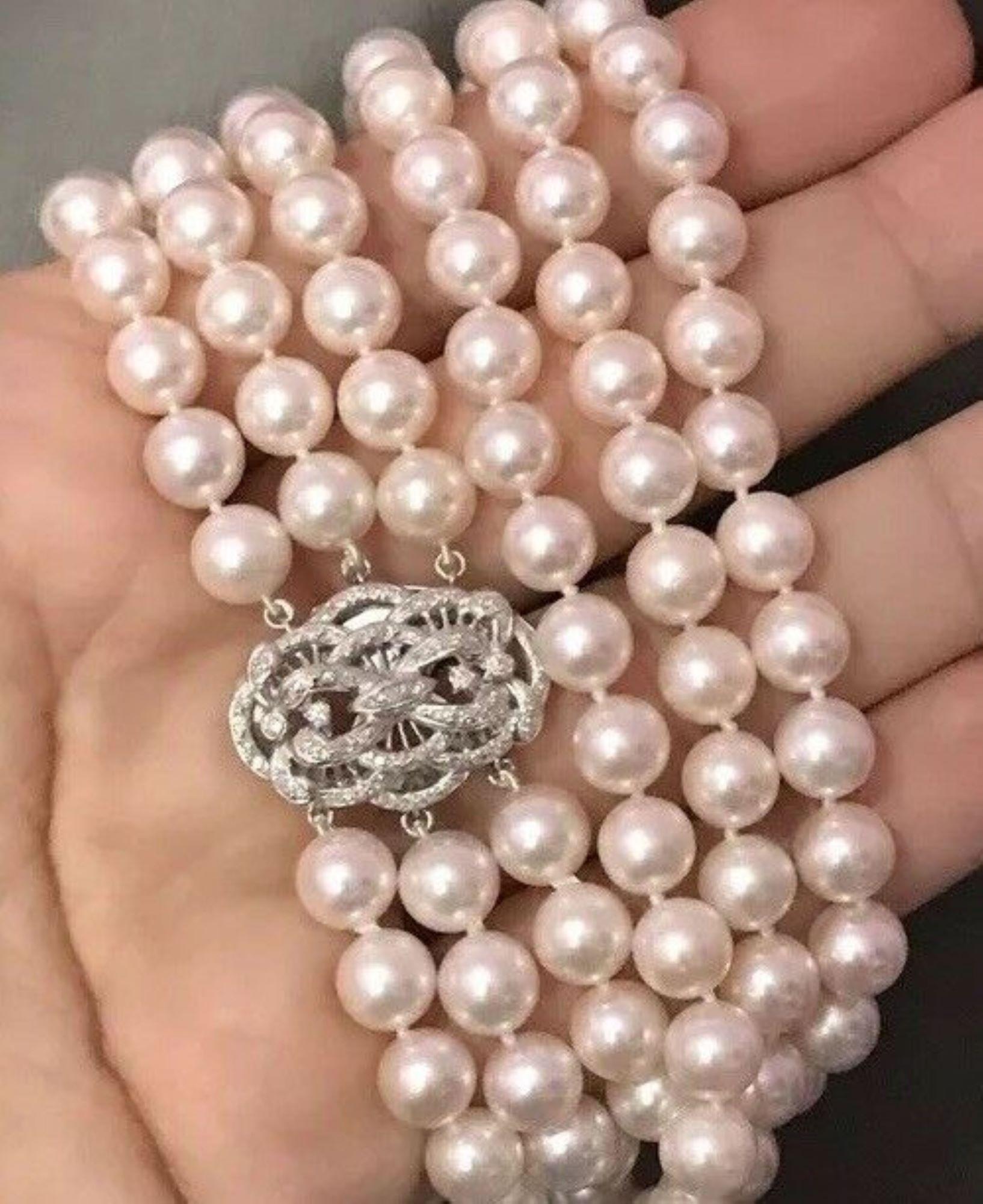 Women's Fine Diamond Akoya Pearl 14 Karat 3-Strand Necklace Certified