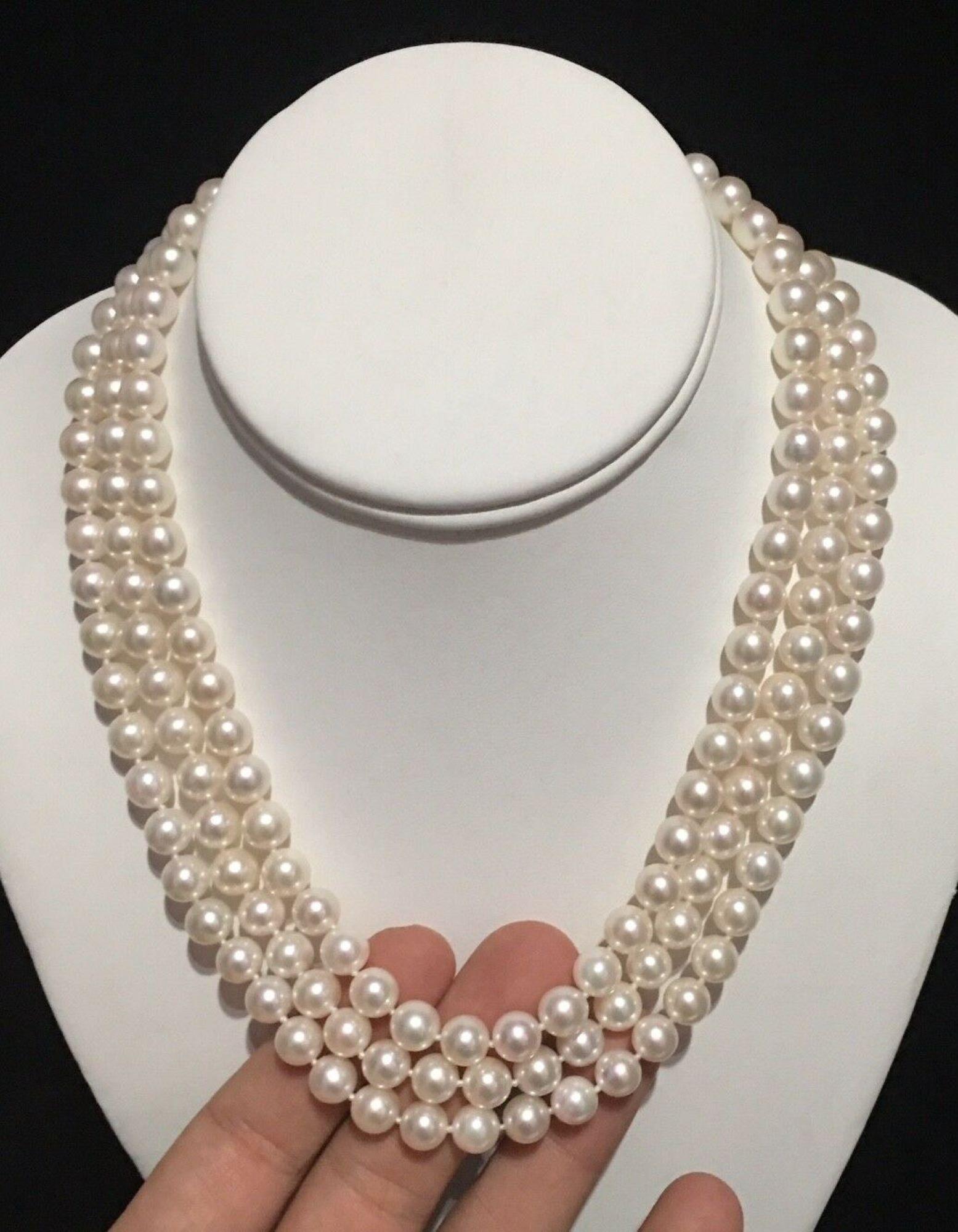 Fine Diamond Akoya Pearl 14 Karat 3-Strand Necklace Certified 2