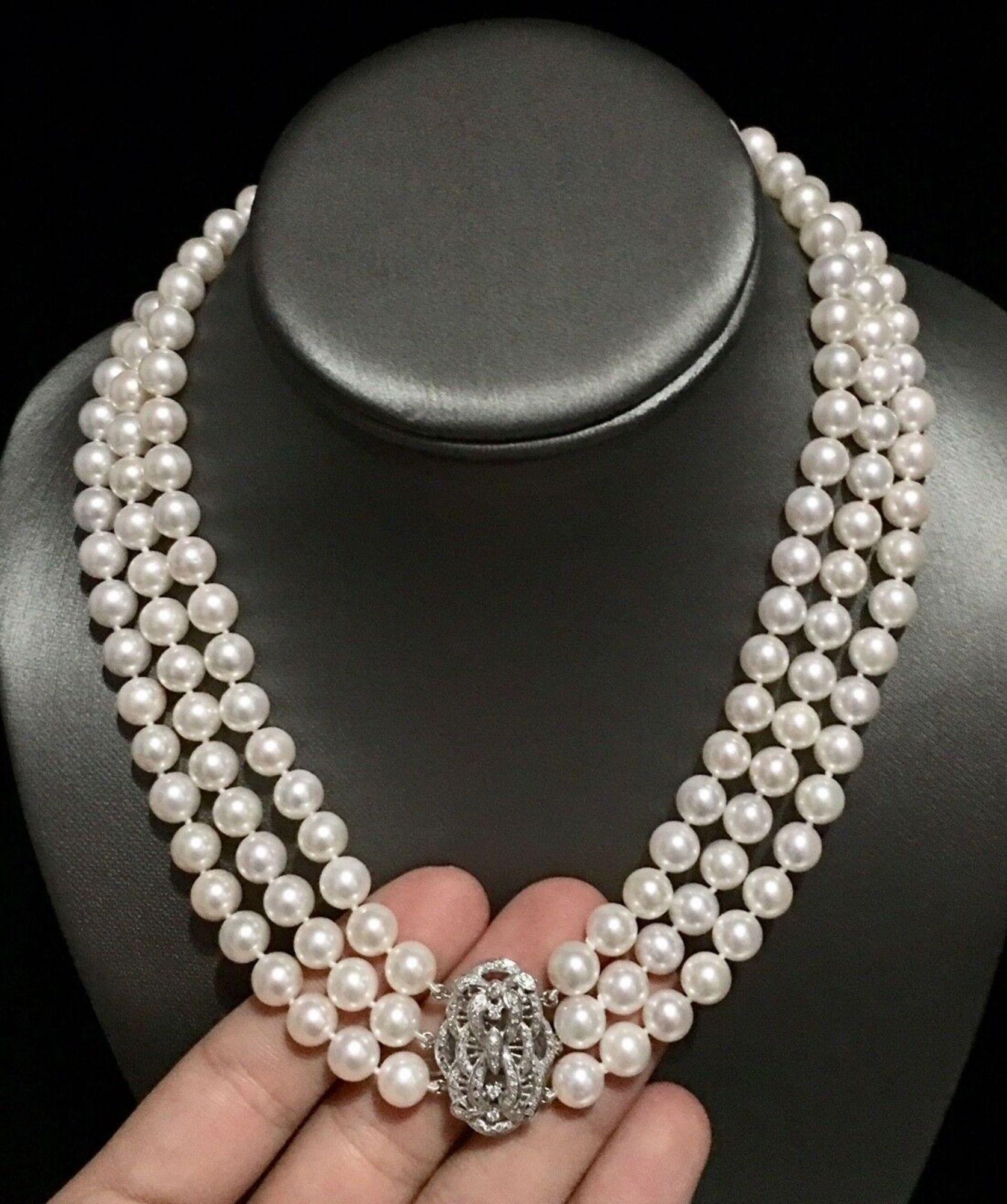Fine Diamond Akoya Pearl 14 Karat 3-Strand Necklace Certified 3