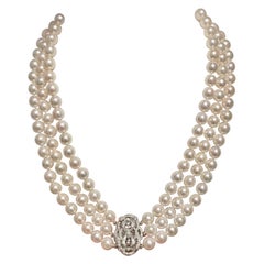Fine Diamond Akoya Pearl 14 Karat 3-Strand Necklace Certified