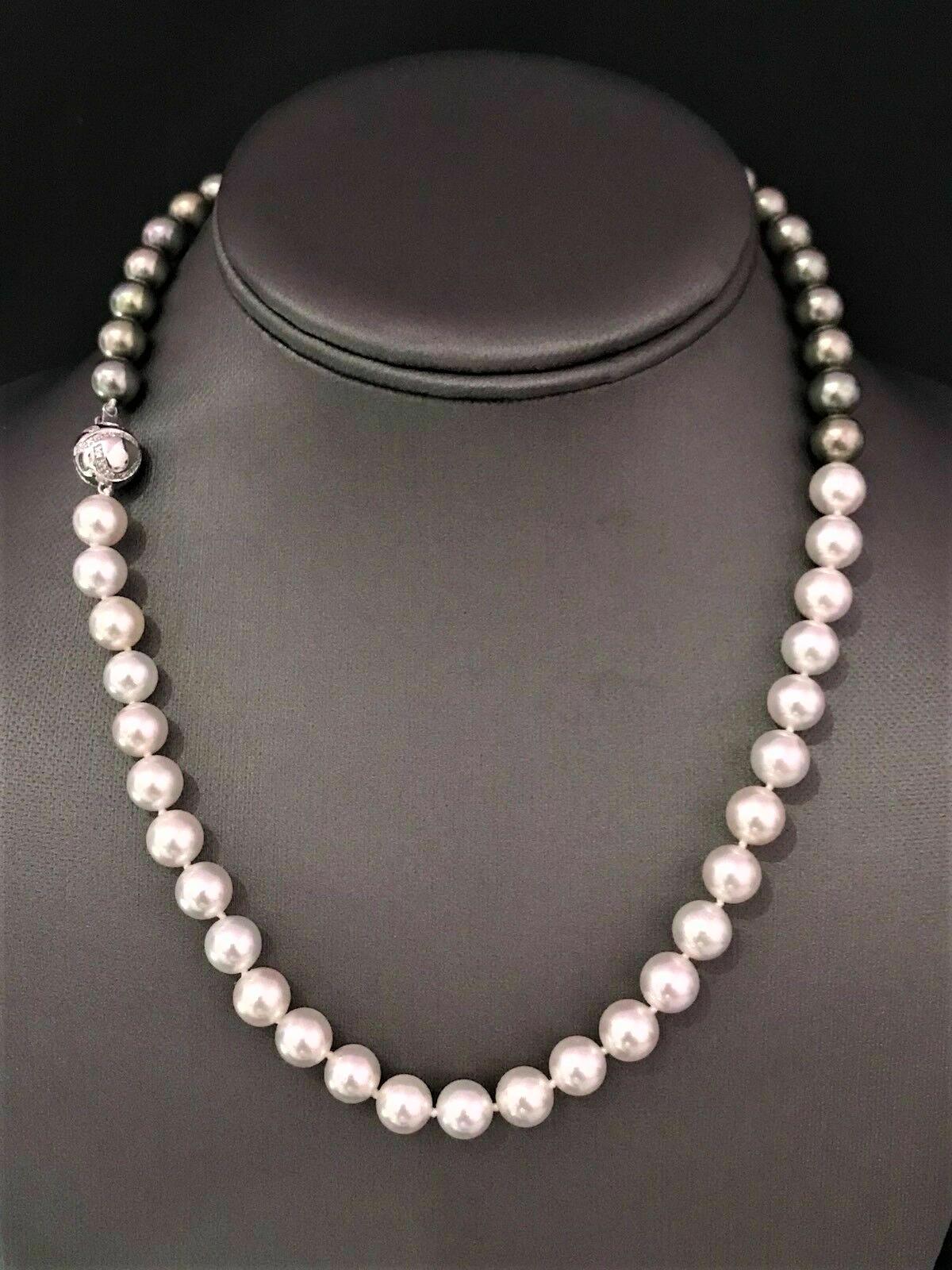 Modern Fine Diamond Akoya Tahitian Pearl 14 Karat Necklace 8 mm Certified