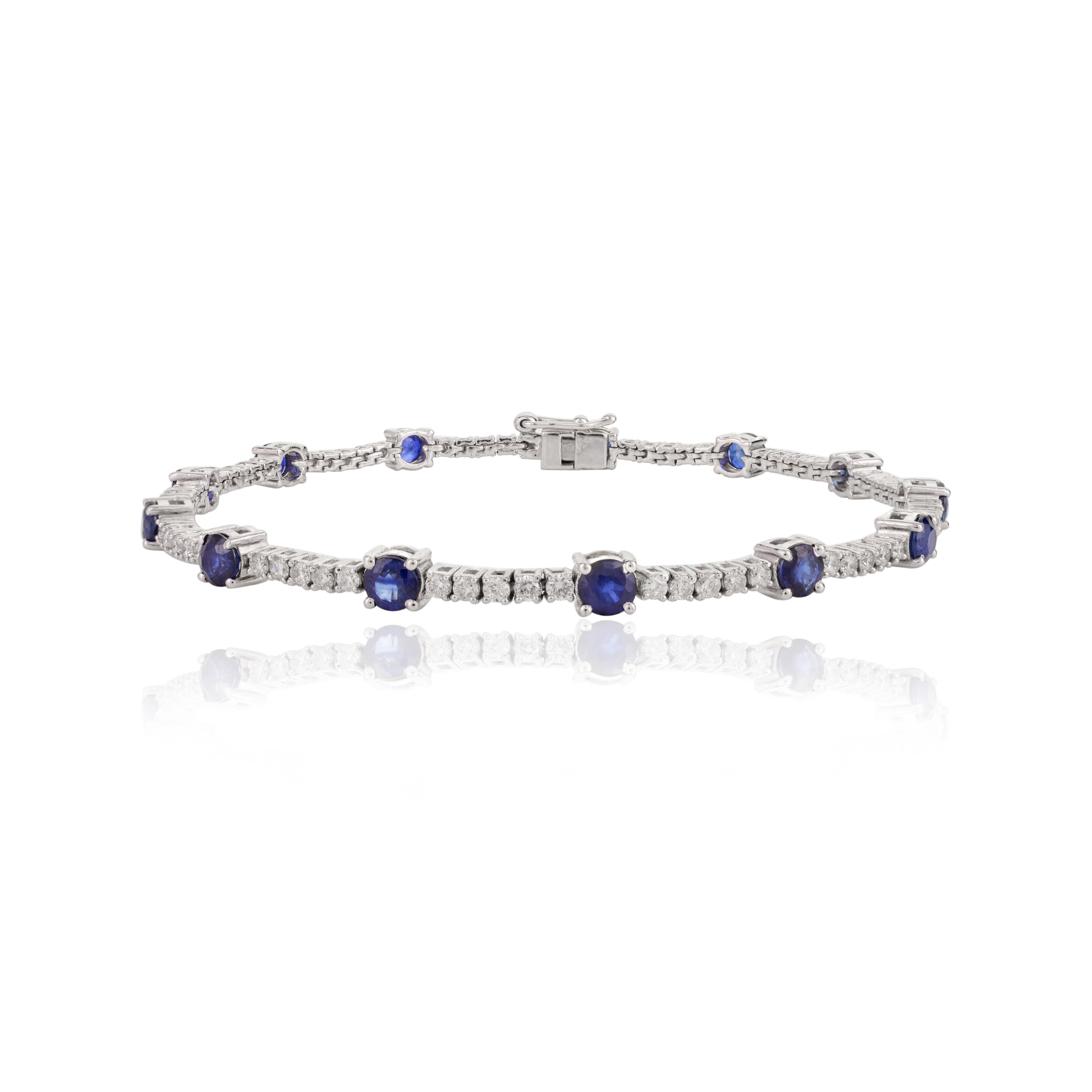 Women's Fine Diamond and Blue Sapphire Engagement Bracelet in 18k Solid White Gold For Sale