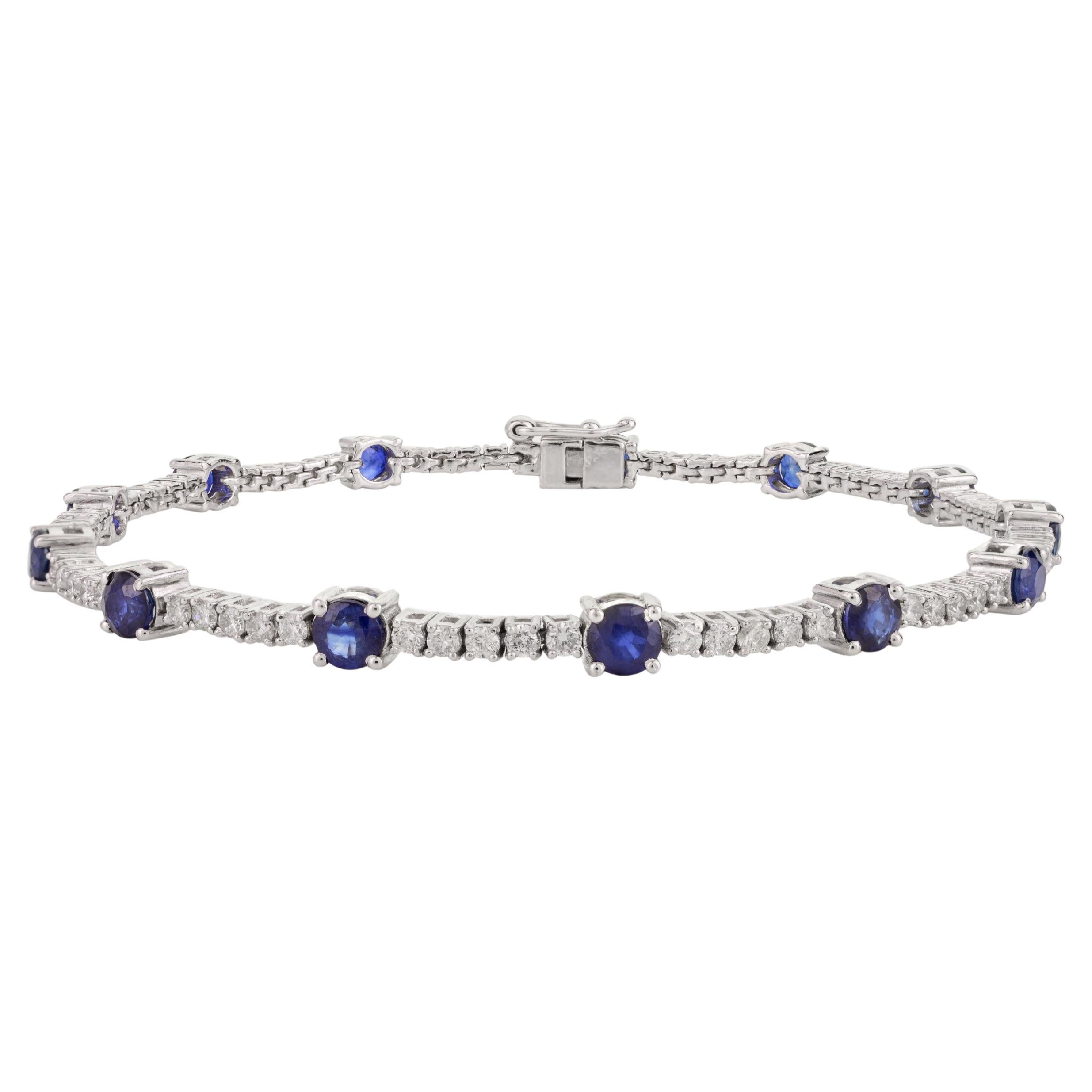 Fine Diamond and Blue Sapphire Engagement Bracelet in 18k Solid White Gold For Sale