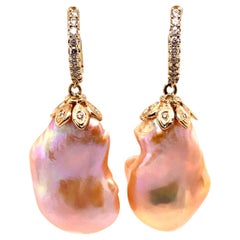 Diamond Baroque Fresh Water Pearl Earrings 14k Gold Certified