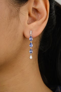 Fine Diamond Blue Sapphire Long Drop Earrings Gift in 18k Solid White Gold