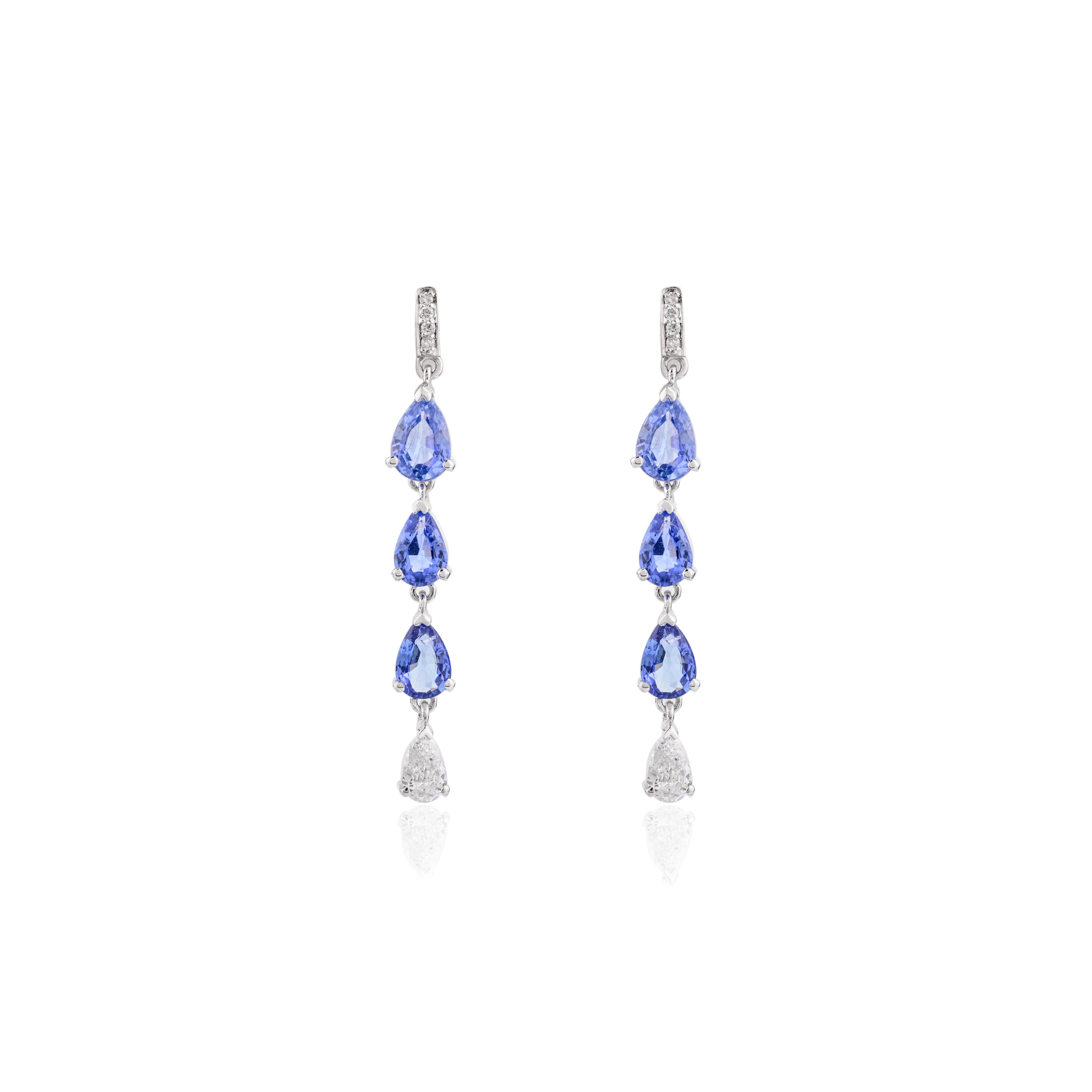 Art Déco Orecchini a goccia lunghi con diamante e zaffiro blu, regalo in oro bianco massiccio 18 ct. in vendita