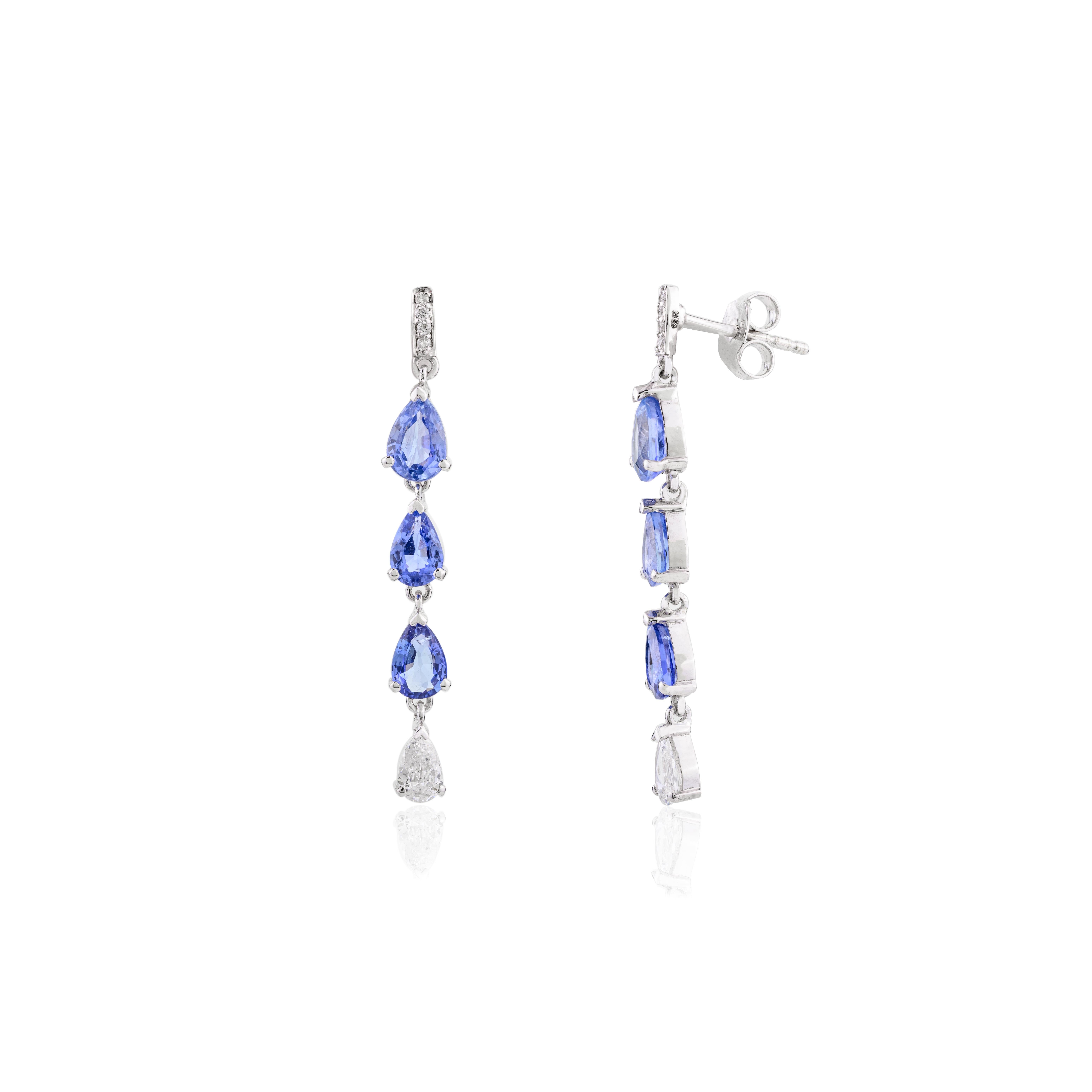 Orecchini a goccia lunghi con diamante e zaffiro blu, regalo in oro bianco massiccio 18 ct. In condizioni Nuovo in vendita a New York, NY