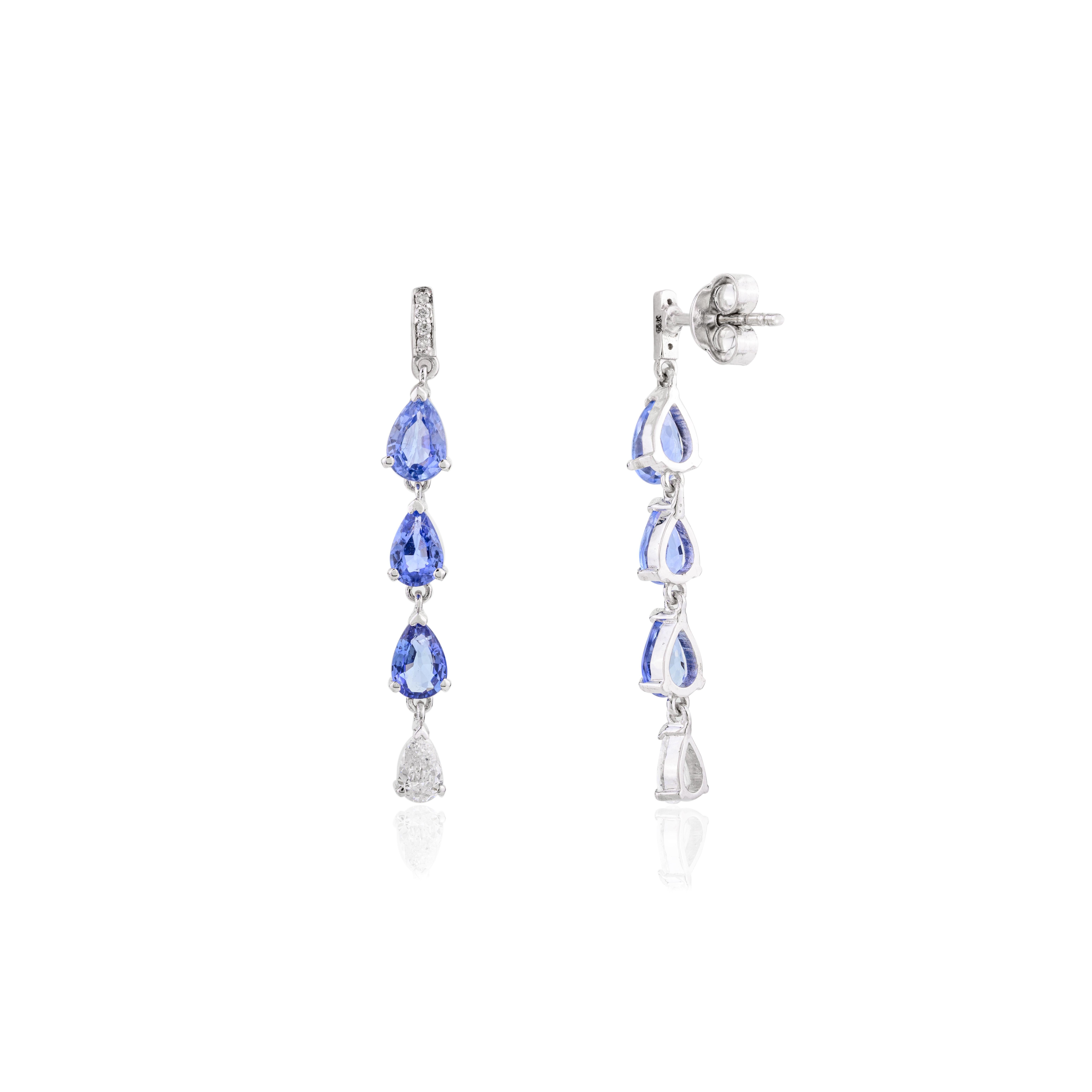 Donna Orecchini a goccia lunghi con diamante e zaffiro blu, regalo in oro bianco massiccio 18 ct. in vendita