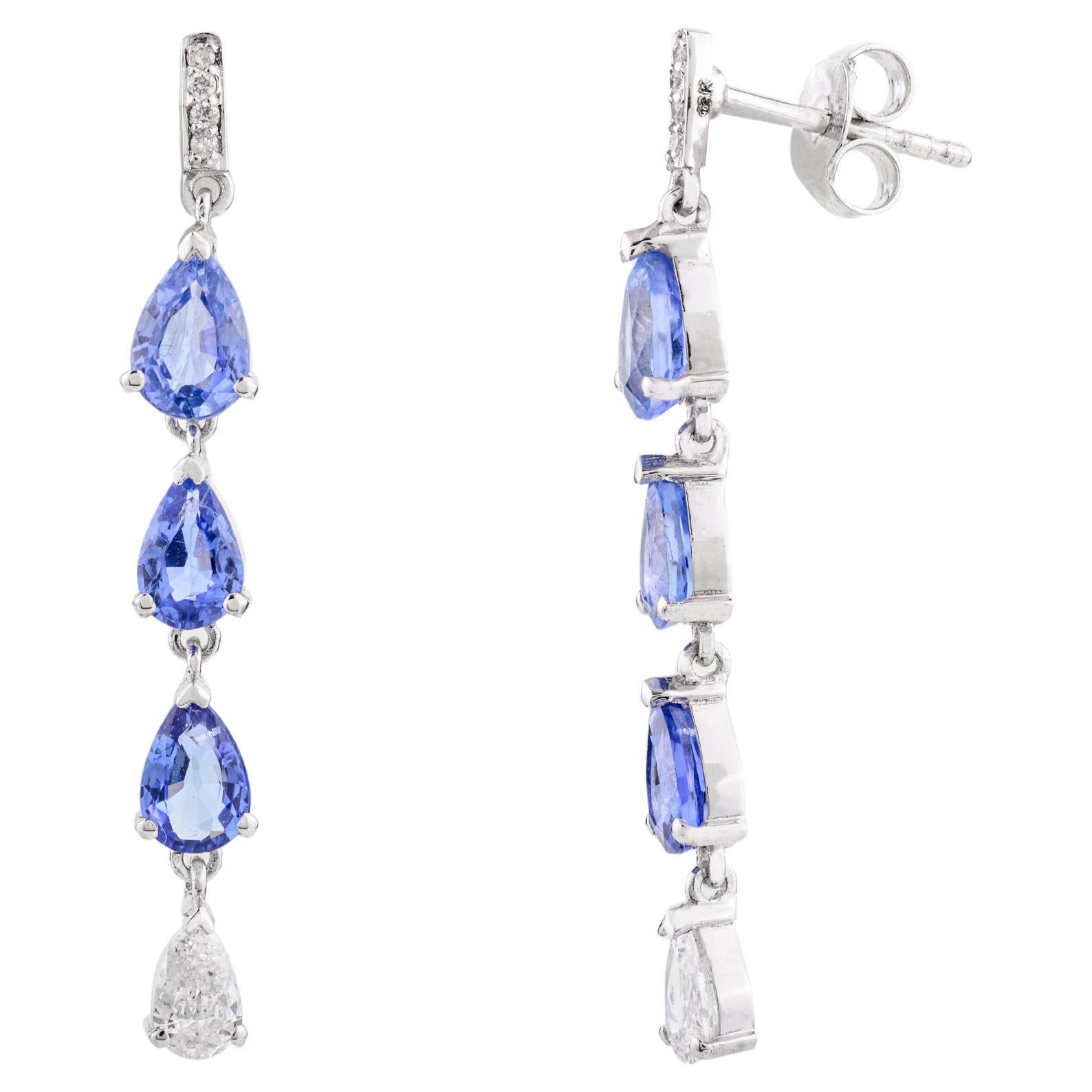Fine Diamond Blue Sapphire Long Drop Earrings Gift in 18k Solid White Gold