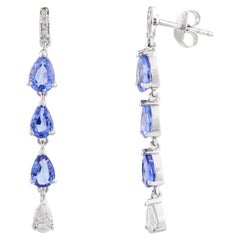 Pendientes largos de zafiro azul con diamante fino Regalo en oro blanco macizo de 18 quilates