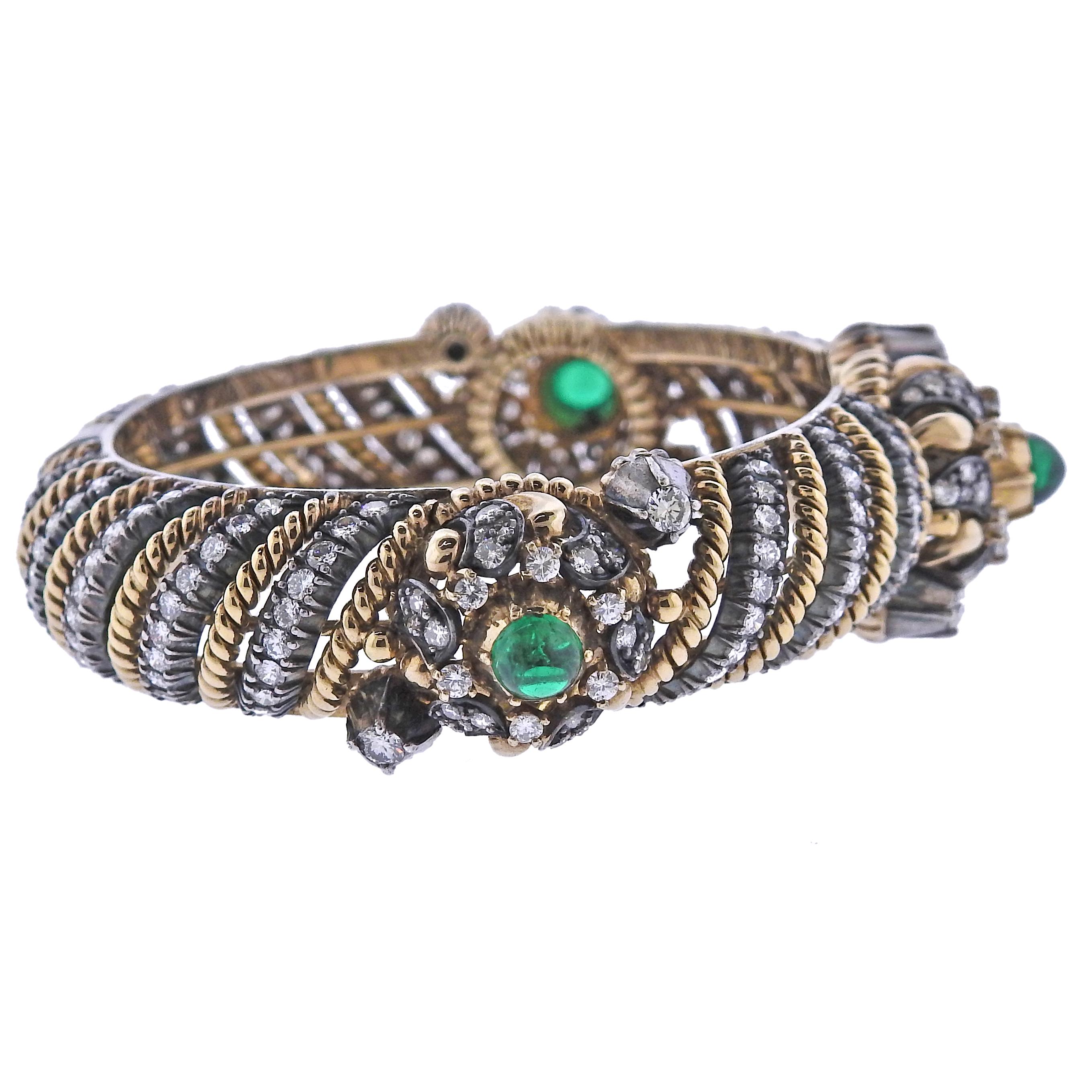 18k Gold and silver fine bracelet with 3 emerald cabochons and approx. 6.00ctw diamonds. Bracelet will fit up to 7