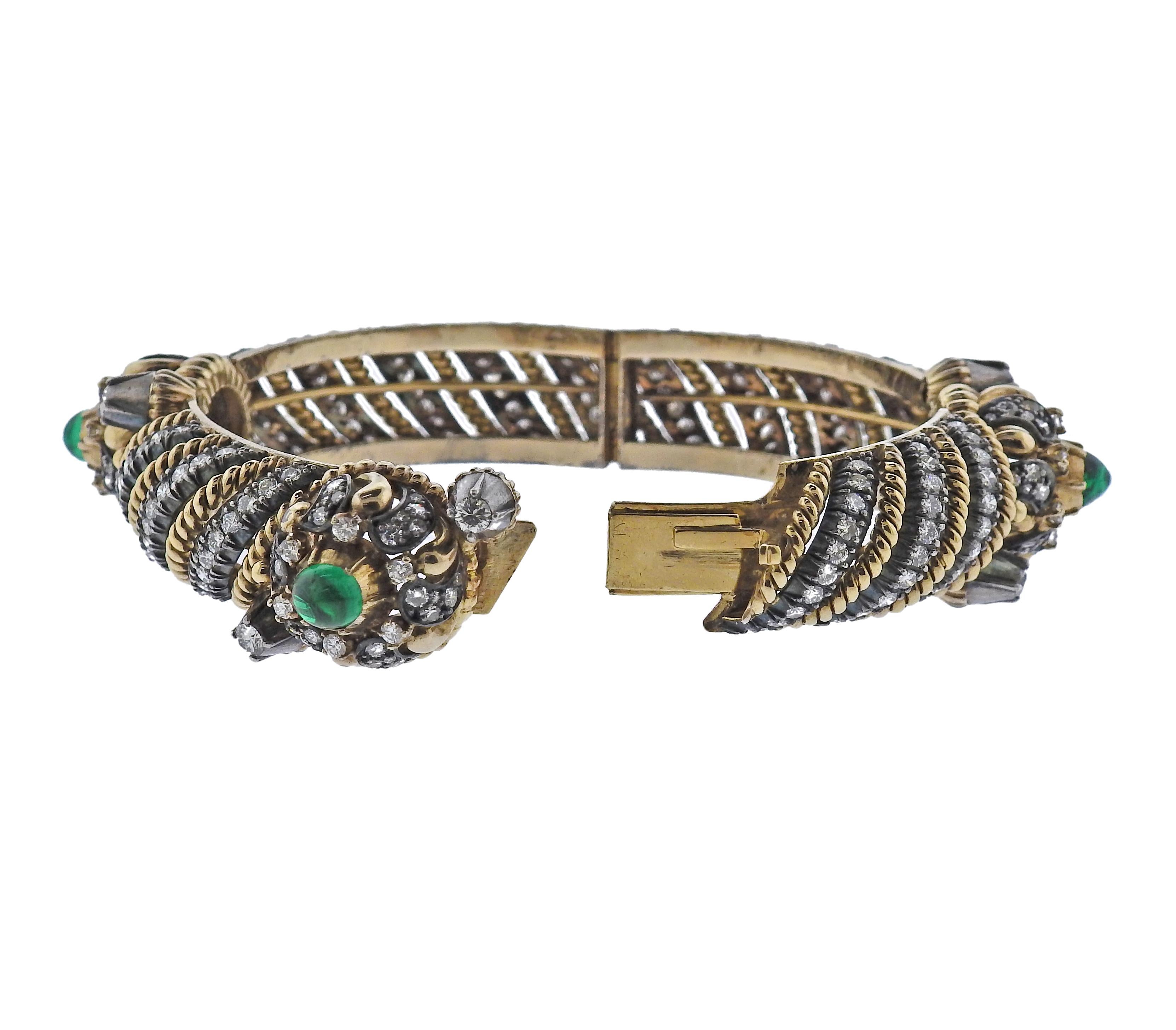 Women's Fine Diamond Emerald Cabochon Silver Gold Bangle Bracelet