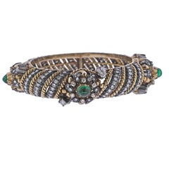 Fine Diamond Emerald Cabochon Silver Gold Bangle Bracelet