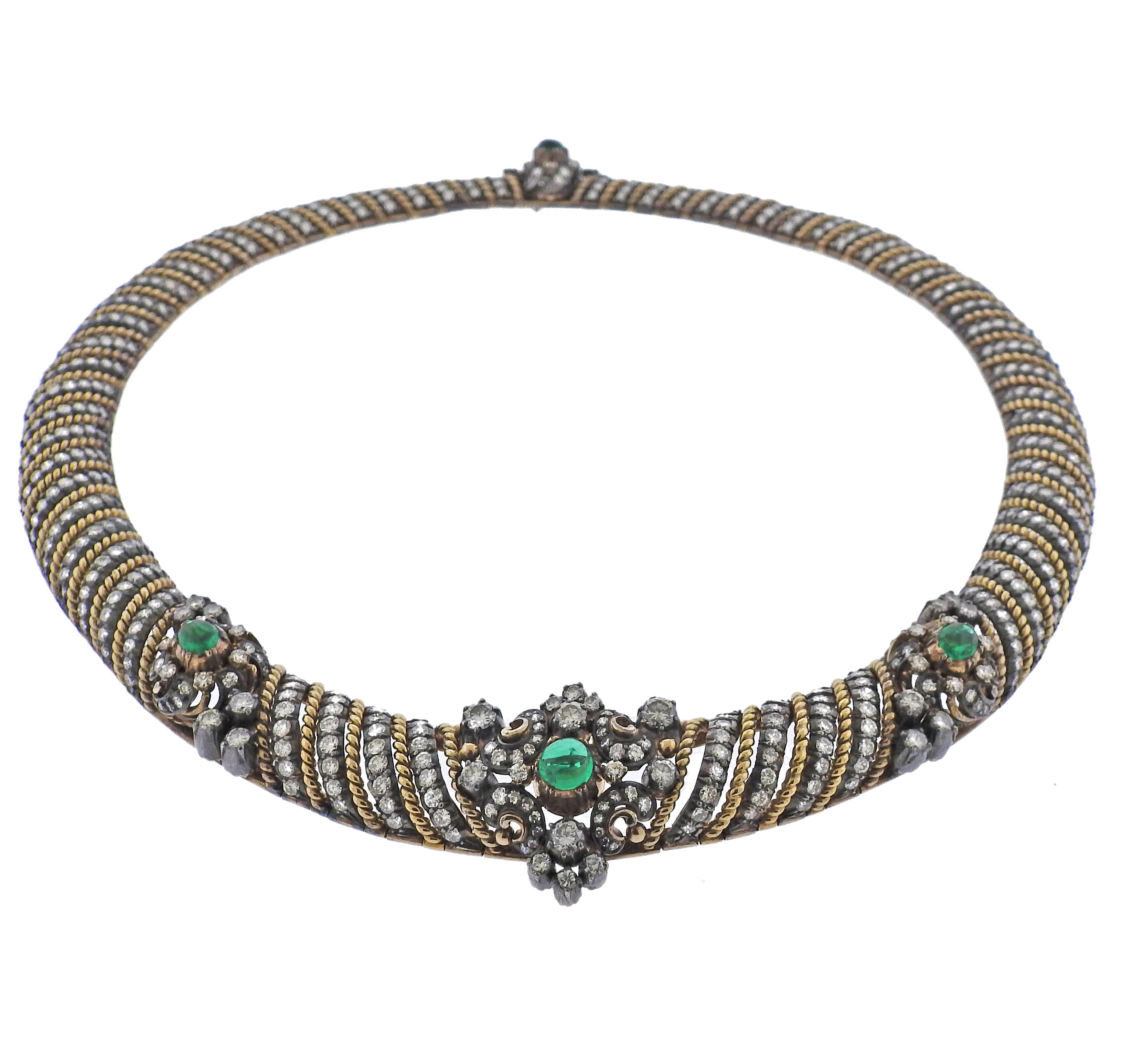 Metal: 18k Gold & Silver
Gemstones - Emerald Cabochons.  Diamonds approx. 18.00ctw VS / G-H
Necklace Is 16