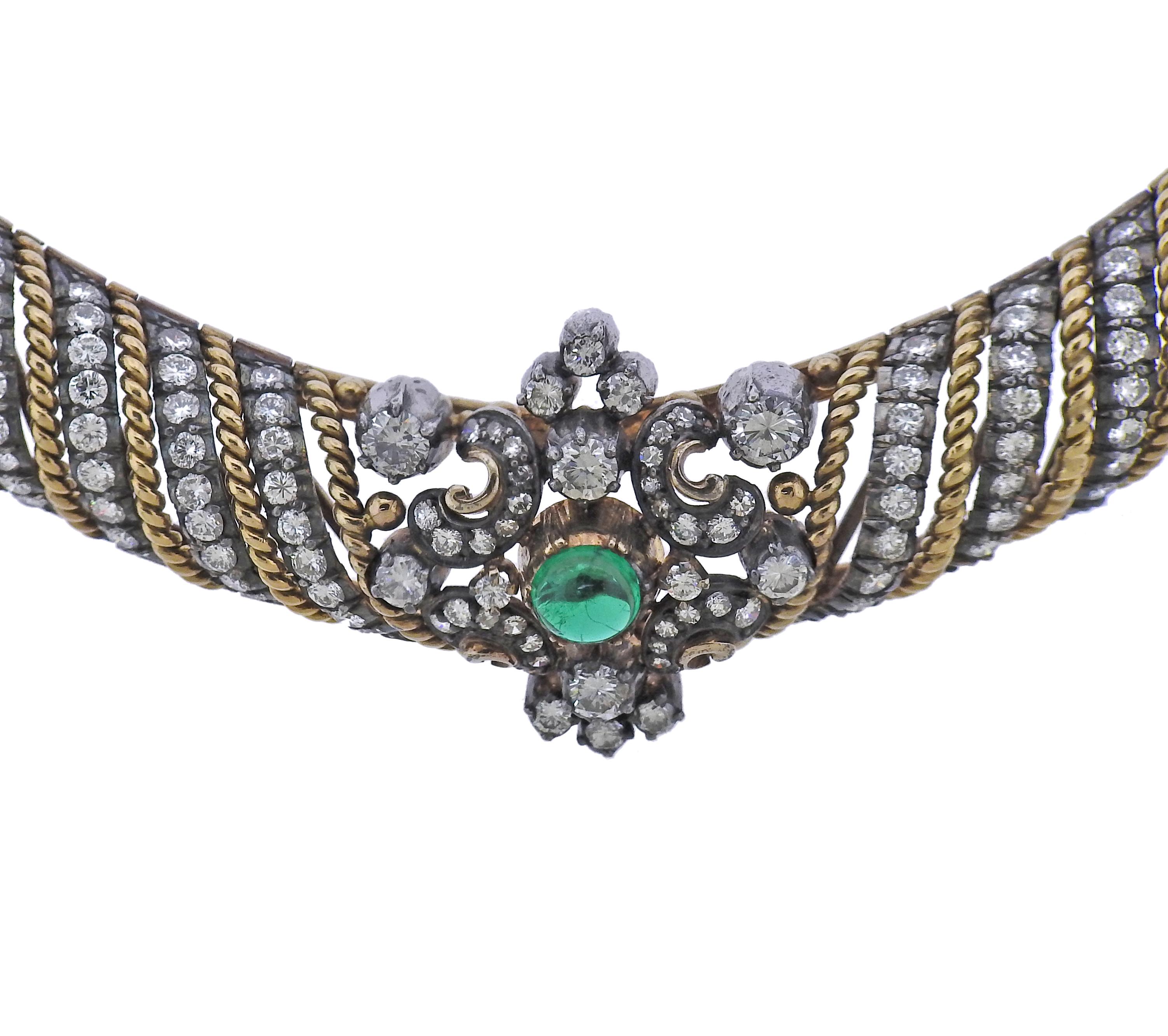 Fine Diamond Emerald Cabochon Silver Gold Necklace In Excellent Condition In Lambertville, NJ