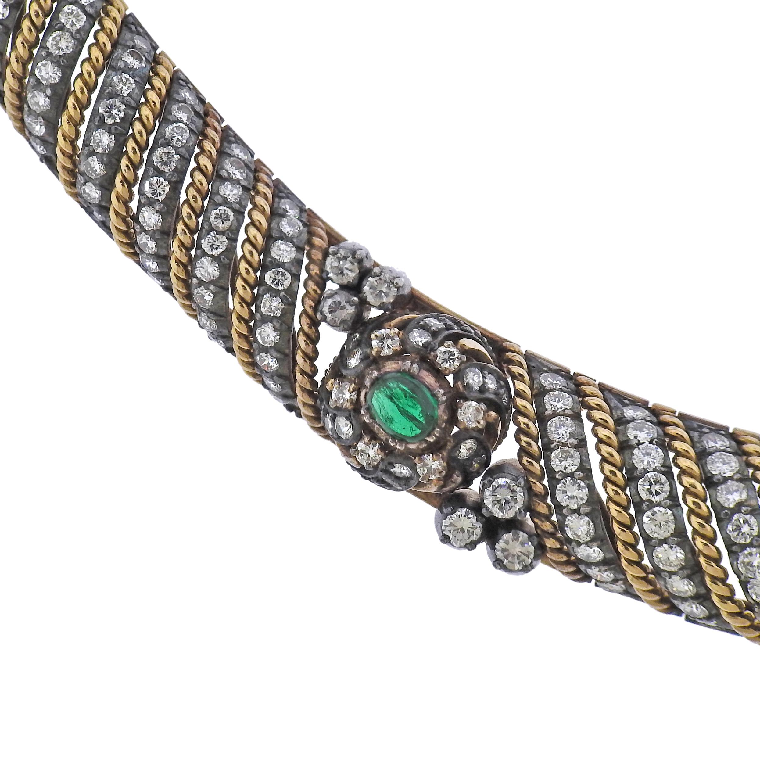 Women's Fine Diamond Emerald Cabochon Silver Gold Necklace