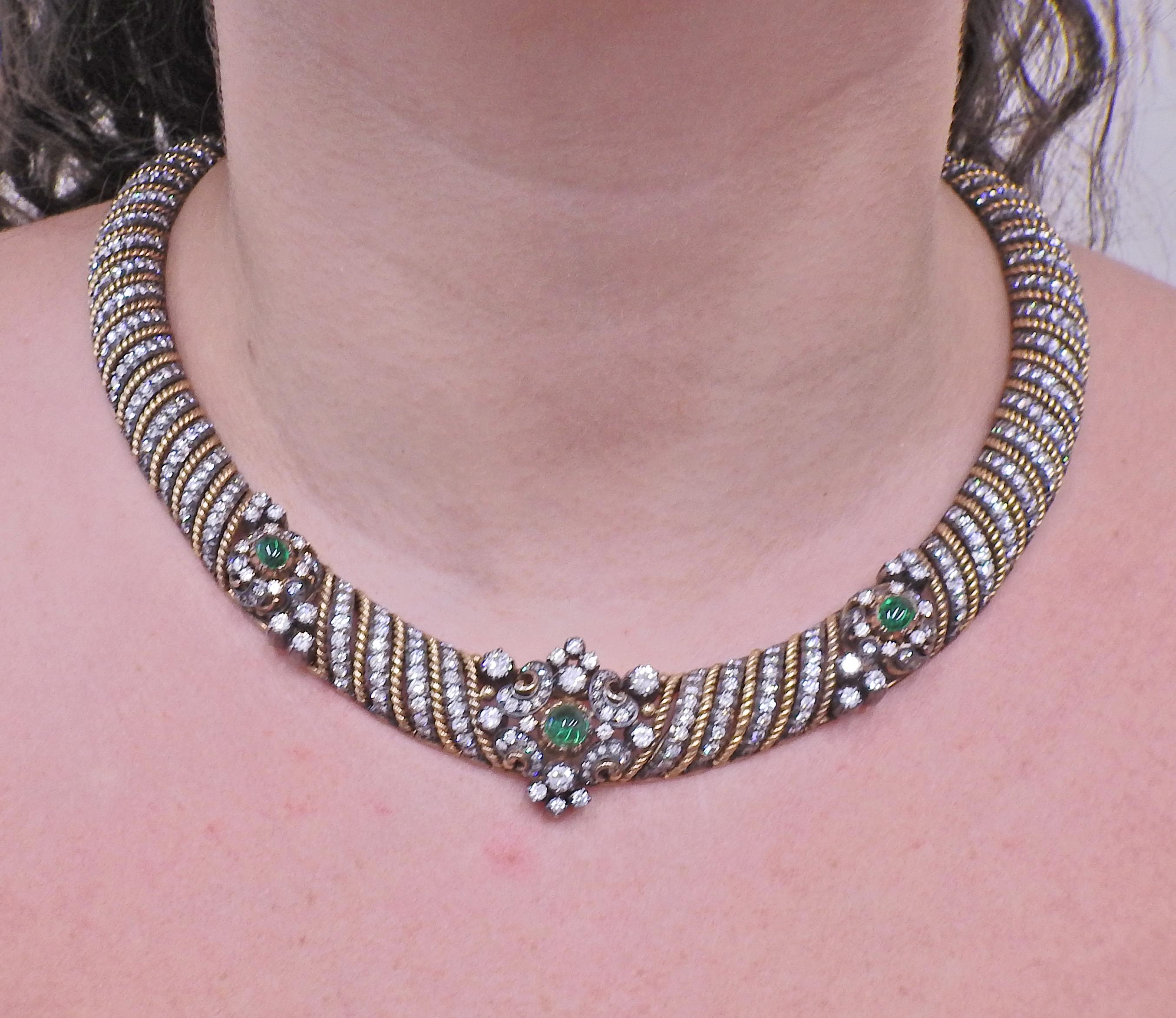 Fine Diamond Emerald Cabochon Silver Gold Necklace 1