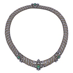 Fine Diamond Emerald Cabochon Silver Gold Necklace