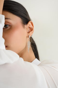 Fine Diamond Flexible Feather Dangle Drop Earrings in  18k Solid White Gold