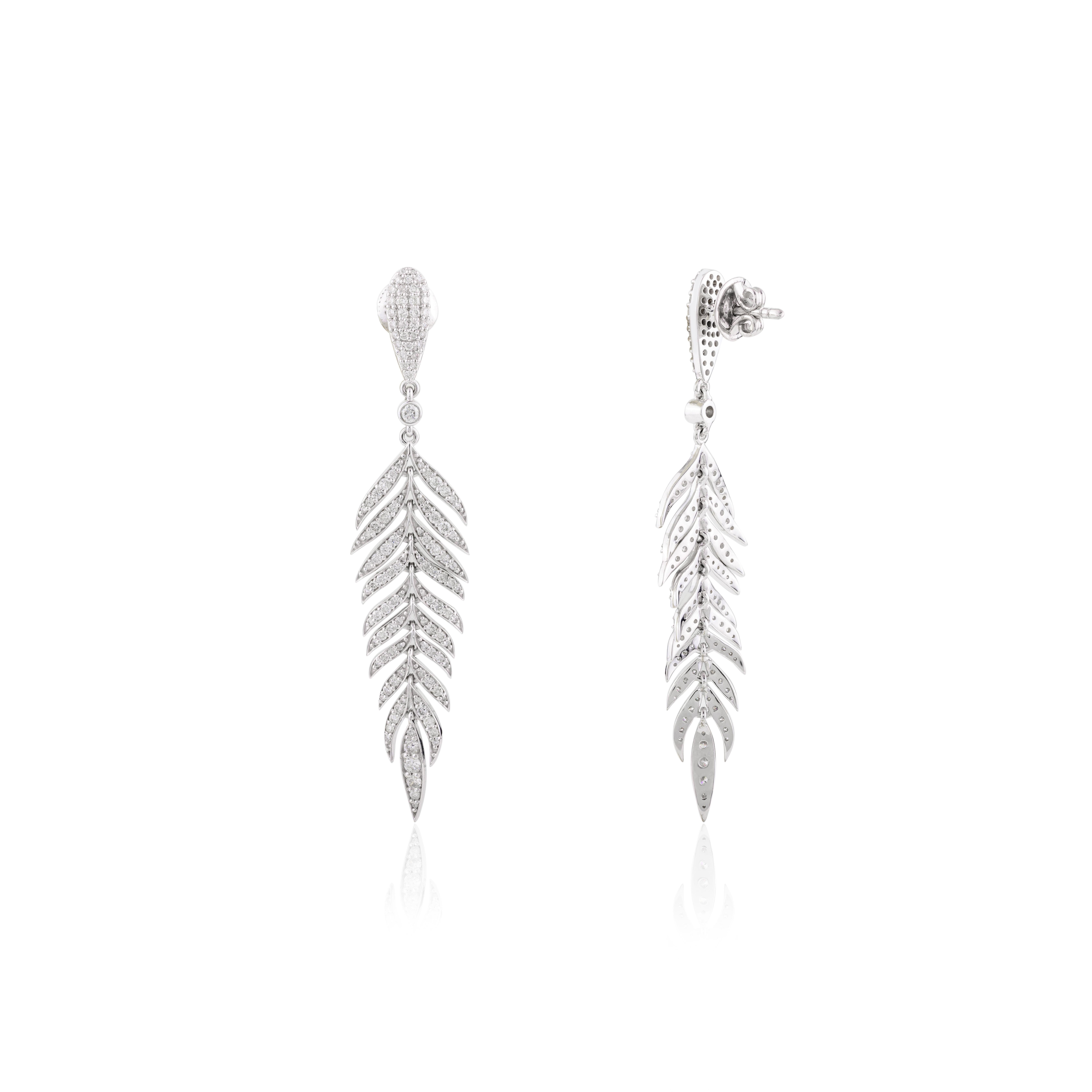 Fine Diamond Flexible Feather Dangle Earrings (orecchini a goccia con piume flessibili) in  Oro bianco massiccio 18k in vendita 1