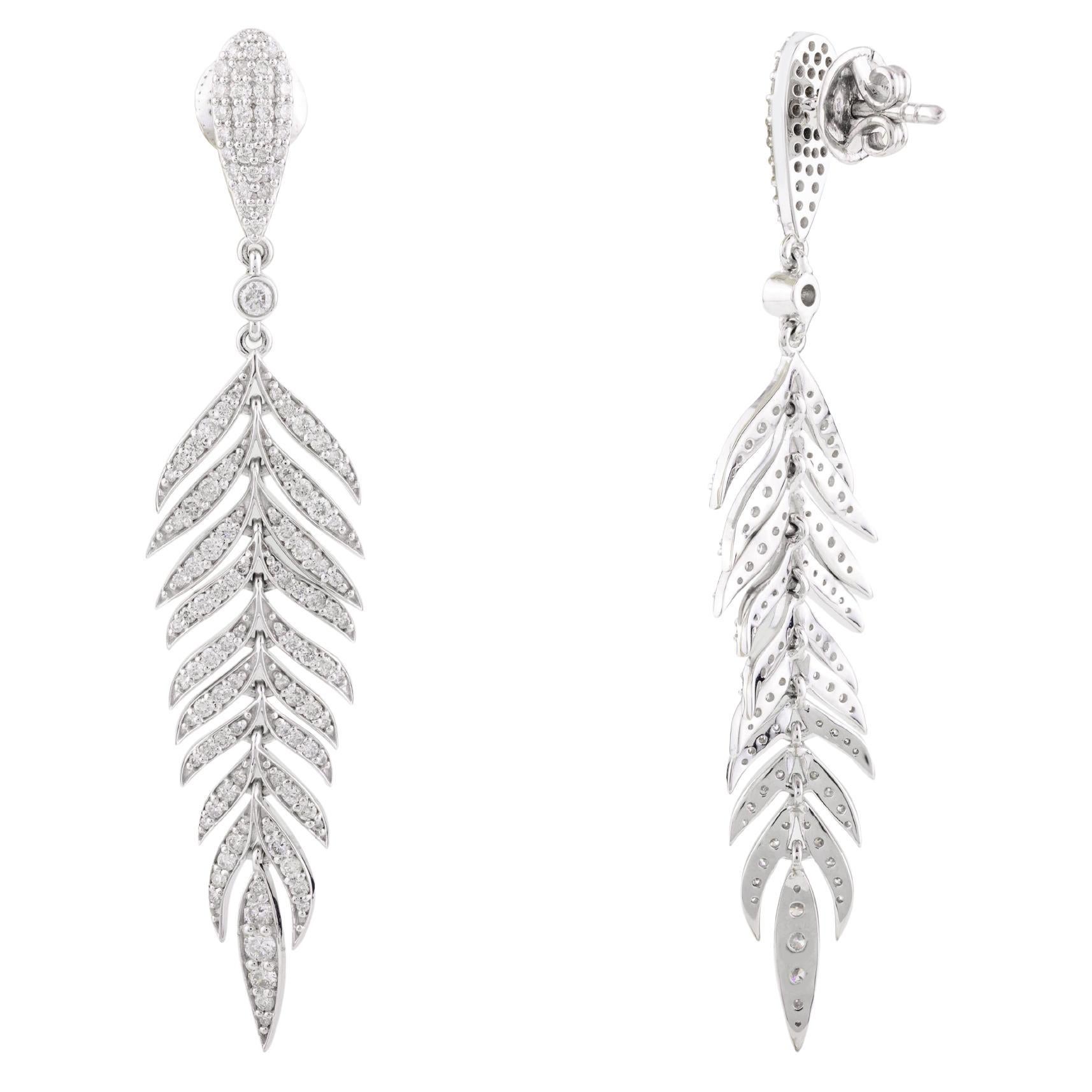 Fine Diamond Flexible Feather Dangle Drop Earrings in  18k Solid White Gold