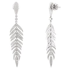 Pendientes colgantes de pluma flexible de diamante fino en  Oro blanco macizo de 18 quilates