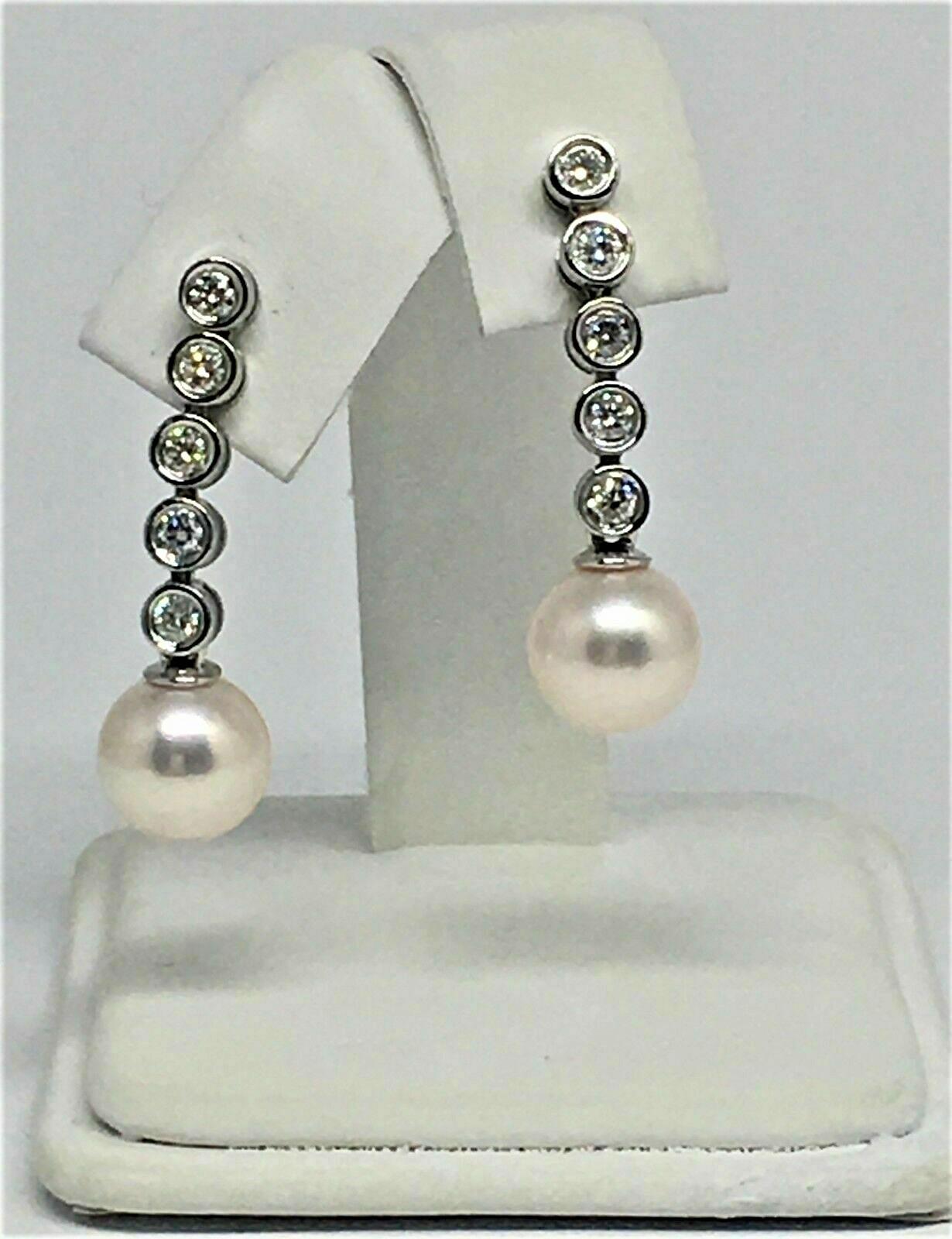 Modern Diamond Large Akoya Pearl Earrings 14k Gold 8.74 mm Certified 