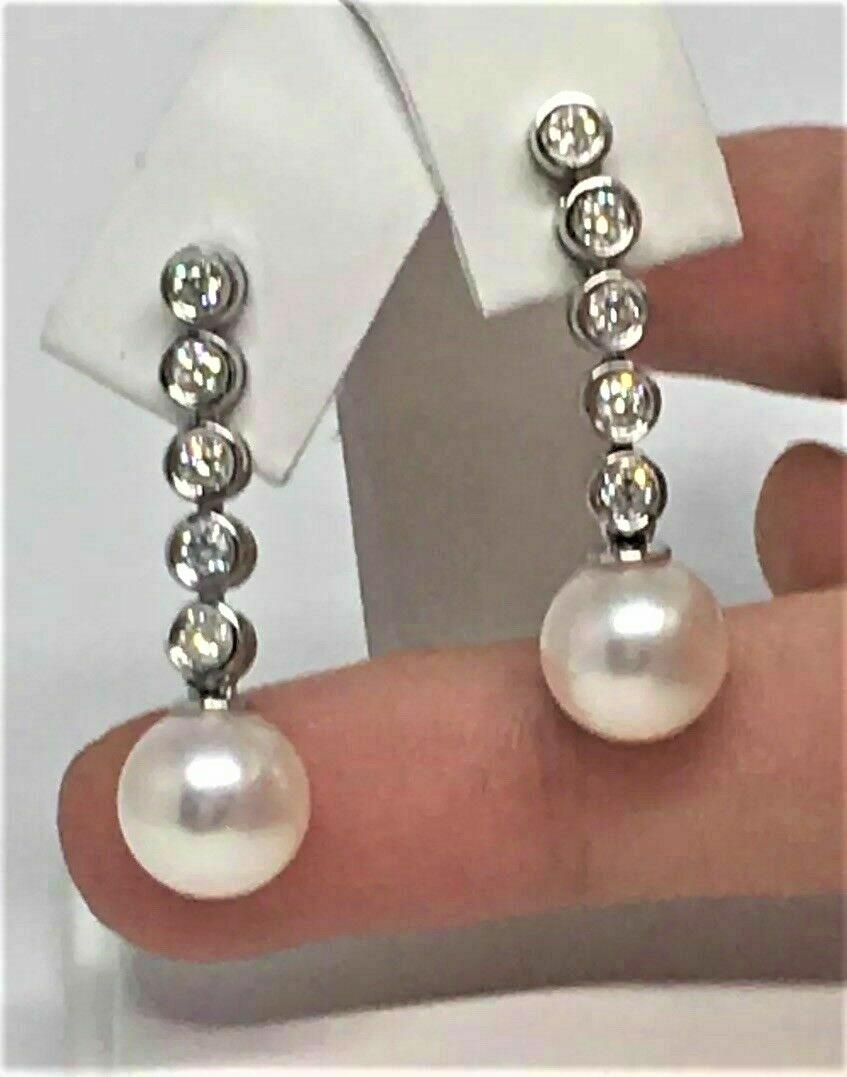 Diamond Large Akoya Pearl Earrings 14k Gold 8.74 mm Certified  In New Condition In Brooklyn, NY