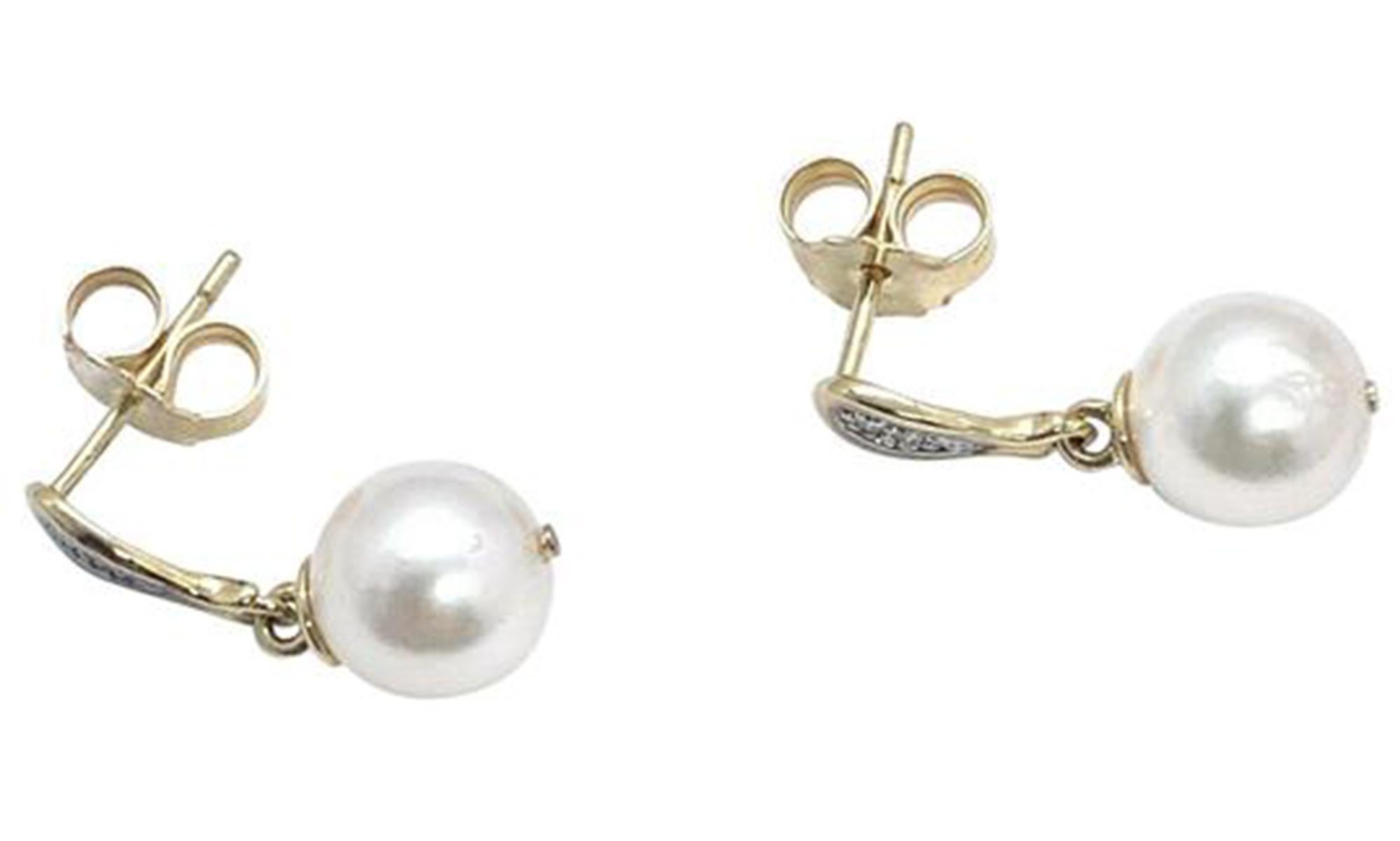 Women's Diamond Large Akoya Pearl Earrings 14 Karat Gold Certified