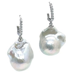 Fine Diamond Large Baroque Pearl FW White Earrings 14 Karat Certified