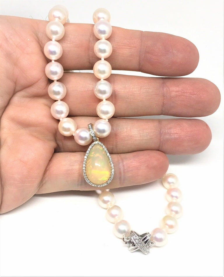 Fine Diamond Opal Akoya Pearl Enhancer Necklace 14 Karat For Sale at