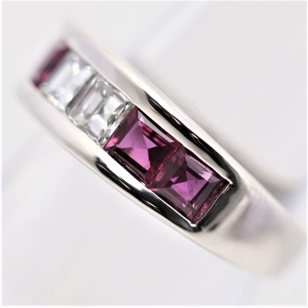 Mixed Cut Fine Diamond & Ruby Platinum Band Ring For Sale