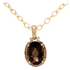 Diamond Smokey Quartz Necklace 6.31 CT 14k Gold Certified