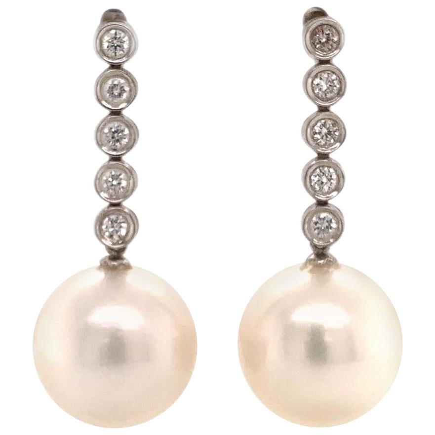 Diamond South Sea Pearl Earrings 14k Gold 14.5 mm Certified