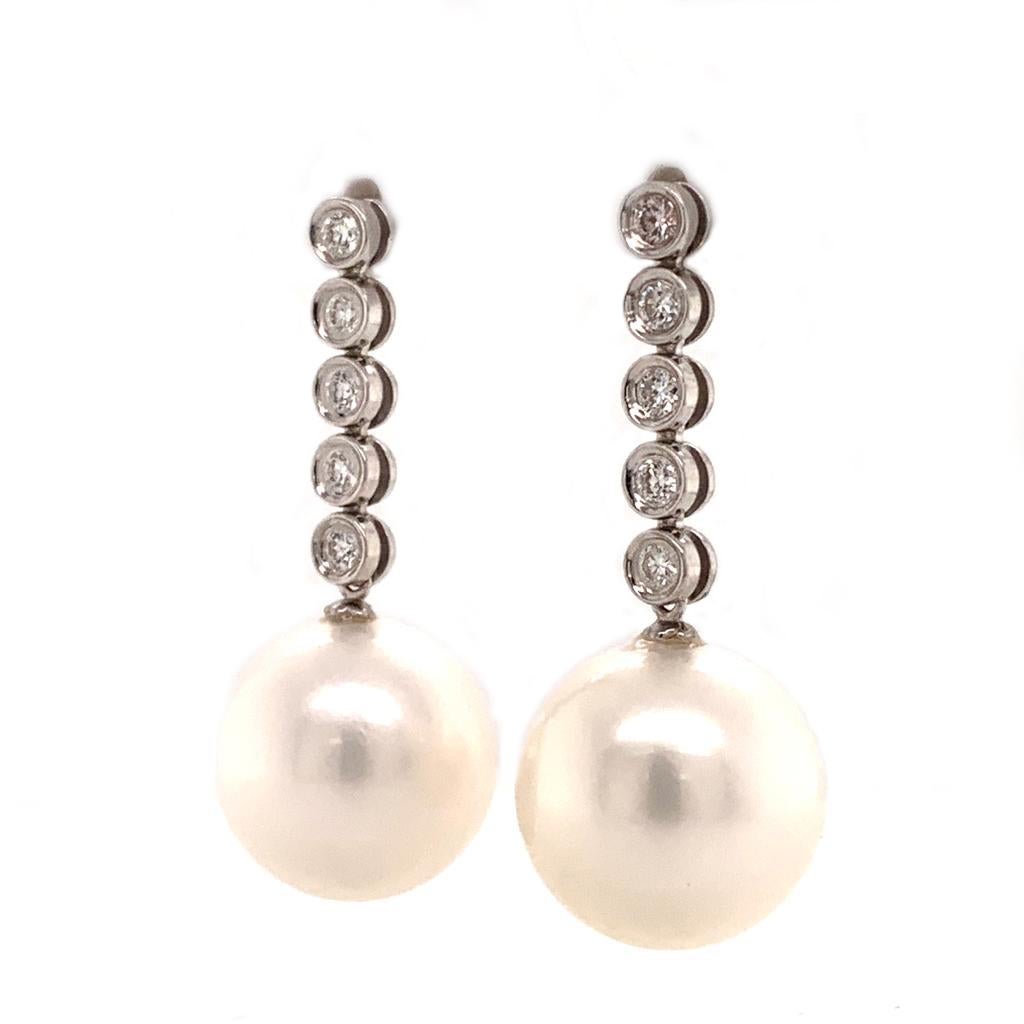 Modern Diamond South Sea Pearl Earrings 14k Gold 14.5 mm Certified