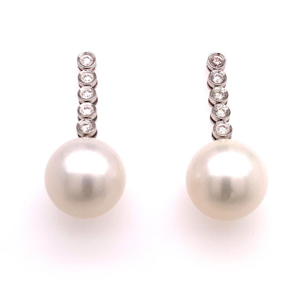 Round Cut Diamond South Sea Pearl Earrings 14k Gold 14.5 mm Certified