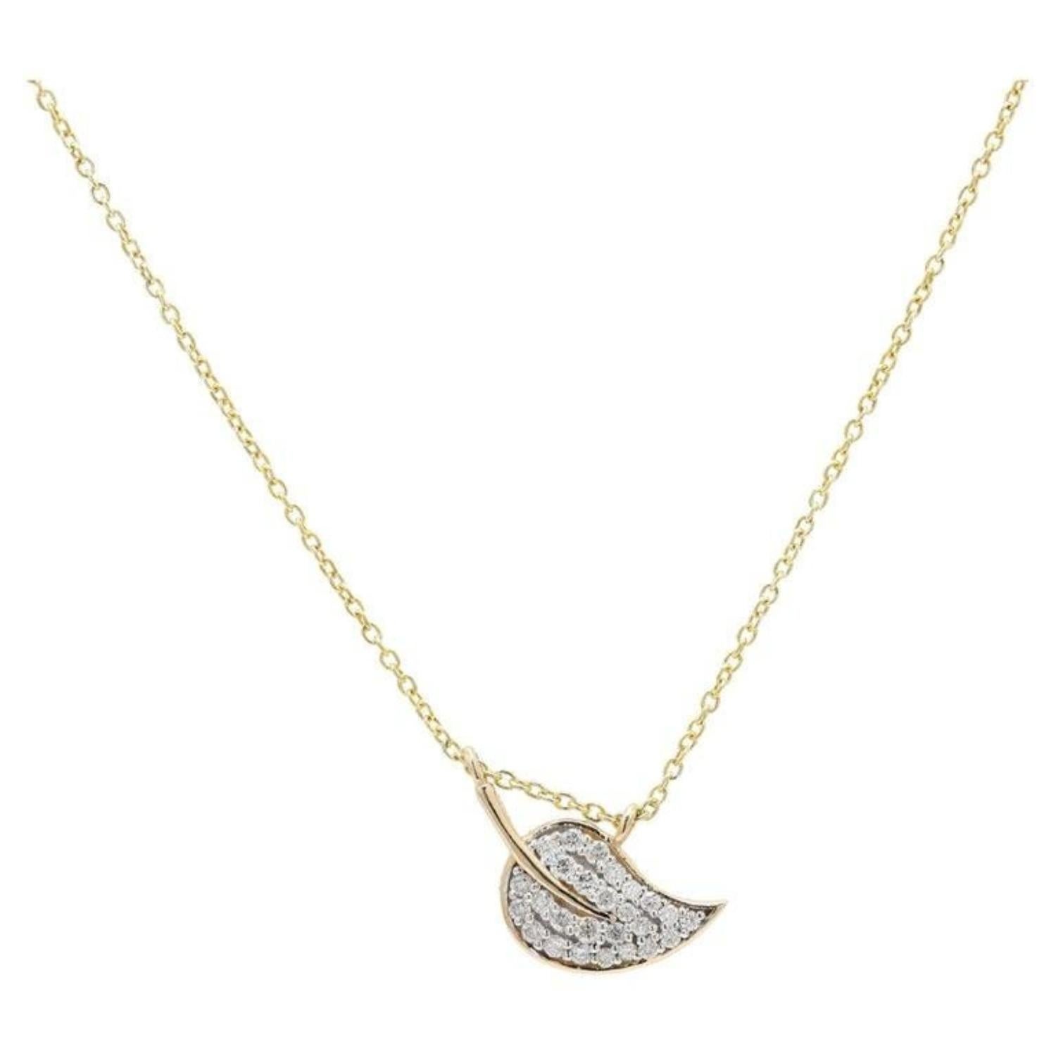 Modernist Diamond Studded Leaf Pendant Chain Necklace in 14k Solid Yellow Gold For Sale 1