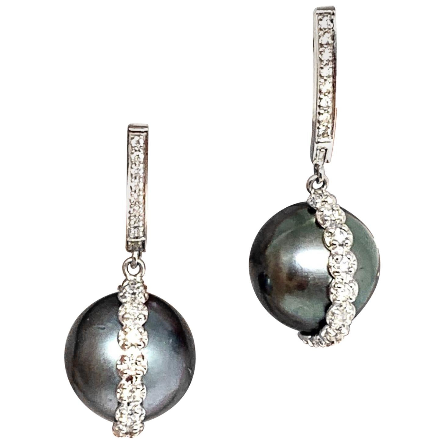 Fine Diamond Tahitian Pearl 14 Karat Large Earrings Certified