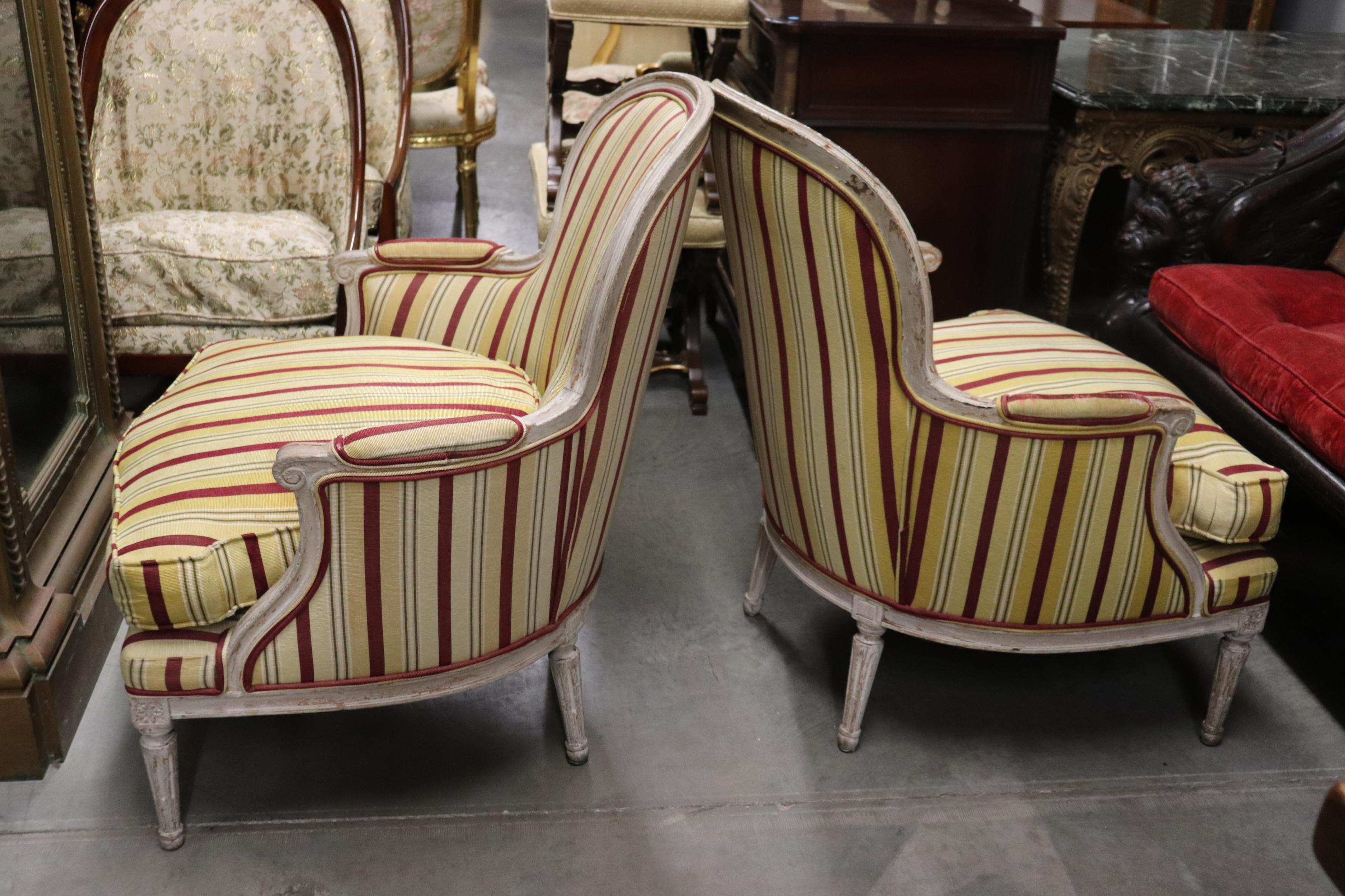 Fine Distressed Painted French Louis XVI Bergere Chairs Circa 1940 13