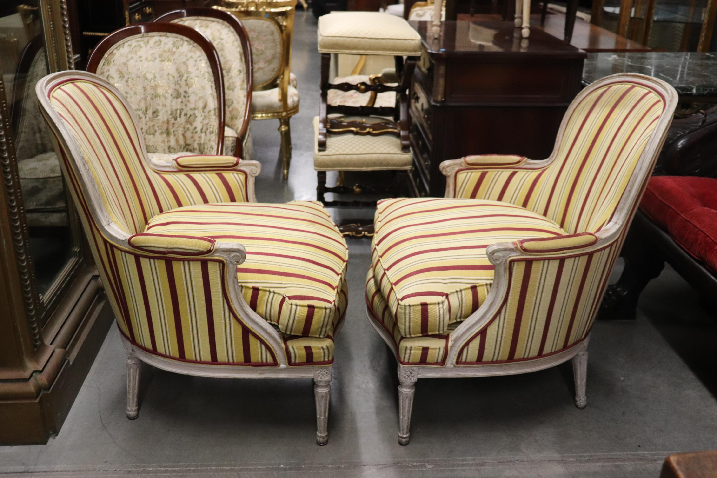 Mid-20th Century Fine Distressed Painted French Louis XVI Bergere Chairs Circa 1940
