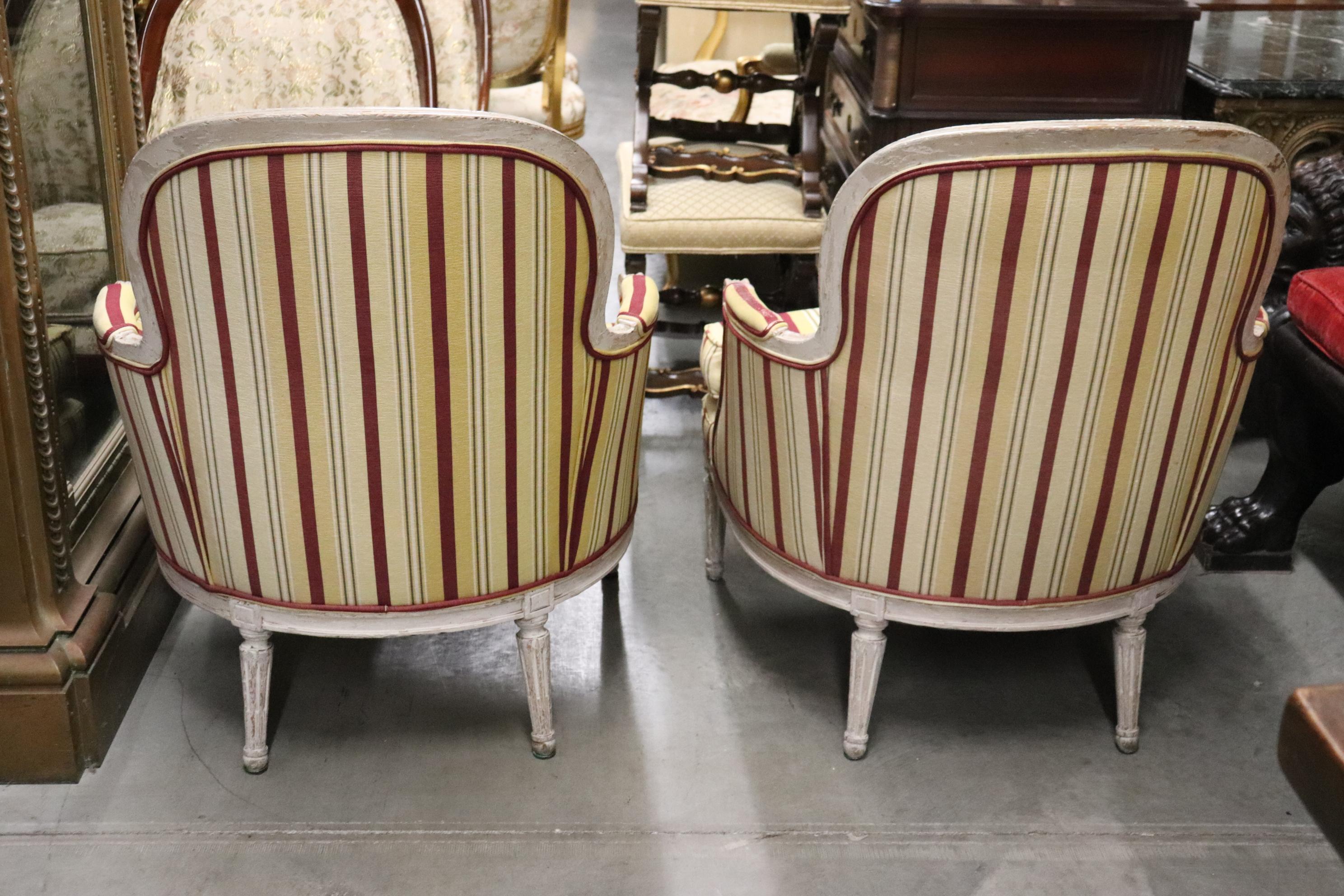 Walnut Fine Distressed Painted French Louis XVI Bergere Chairs Circa 1940